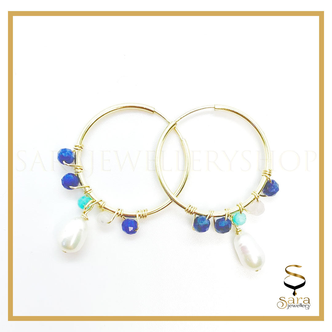 14k Gold Filled Hoop Earrings With Freshwater Pearl And Small Faceted Stones - sjewellery|sara jewellery shop toronto
