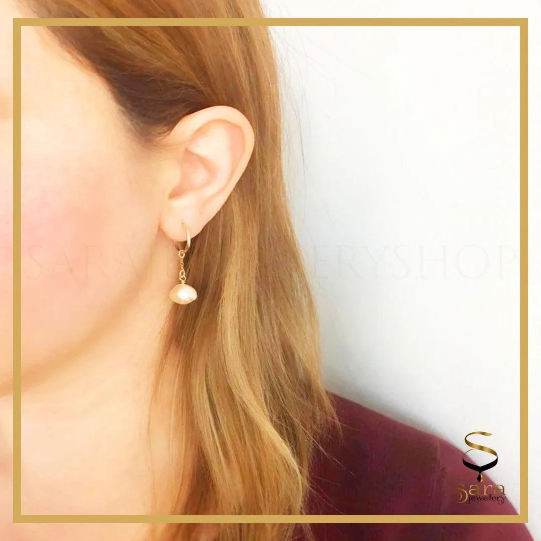 14k Gold Filled hoop earrings with freshwater pearls| Tarnish Resistant earrings| Hoop Earrings with Drop Real pearls - sjewellery|sara jewellery shop toronto