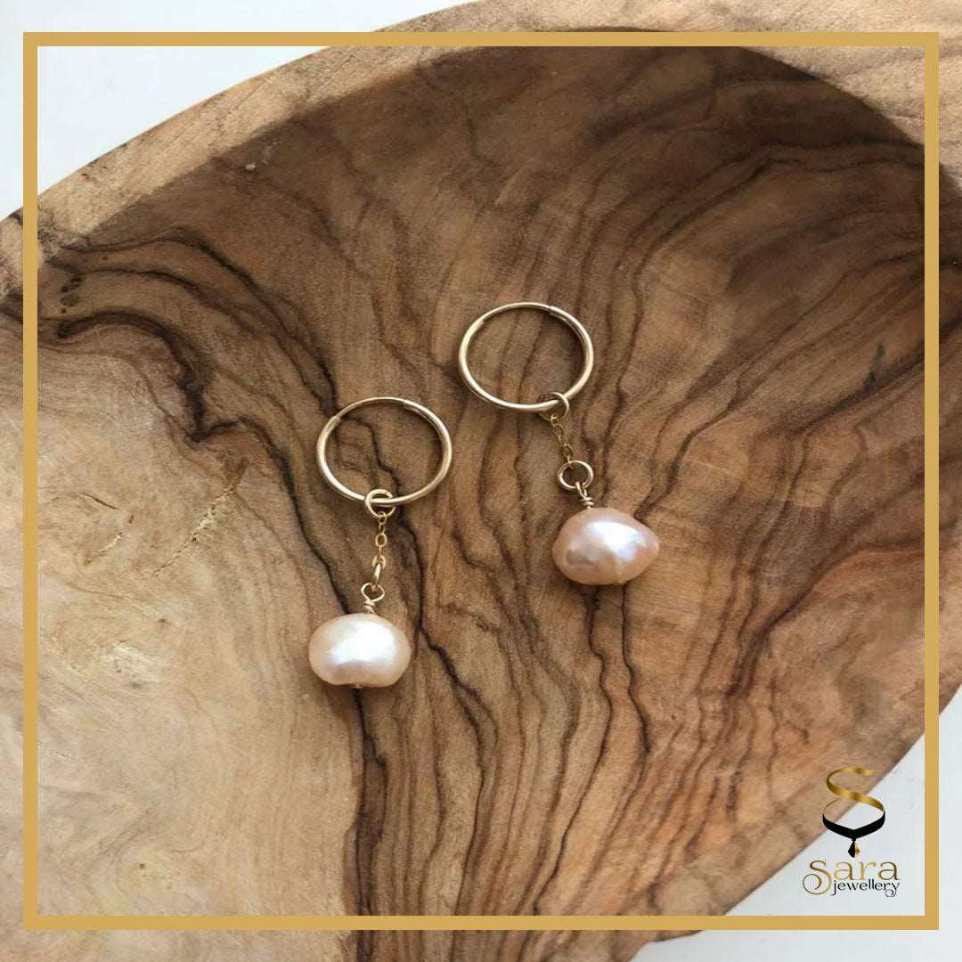14 k gold-filled hoop earrings with freshwater pearls| Tarnish Resistant earrings| Hoop Earrings with Drop Real pearls - sjewellery|sara jewellery shop toronto