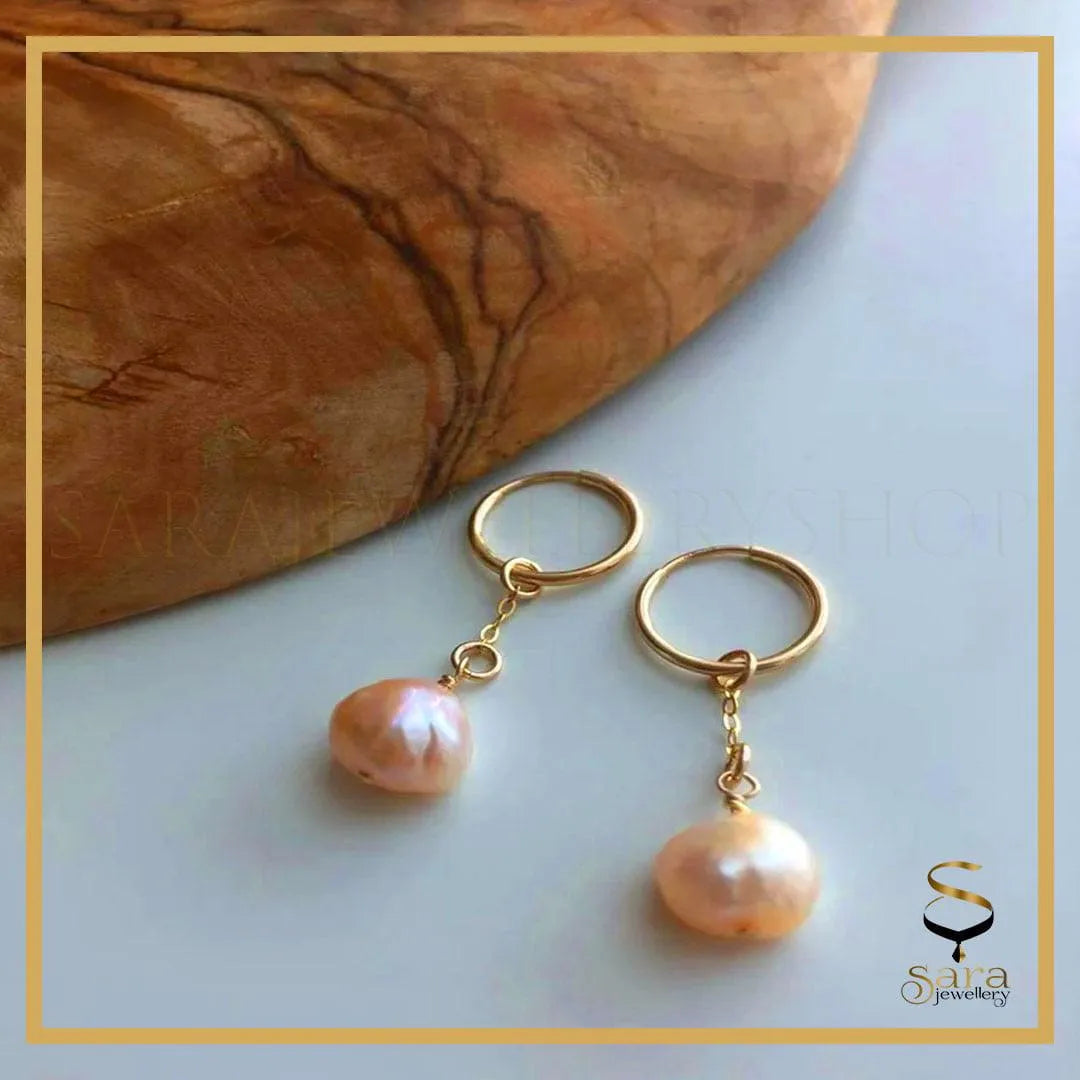 14k Gold Filled hoop earrings with freshwater pearls| Tarnish Resistant earrings| Hoop Earrings with Drop Real pearls - sjewellery|sara jewellery shop toronto