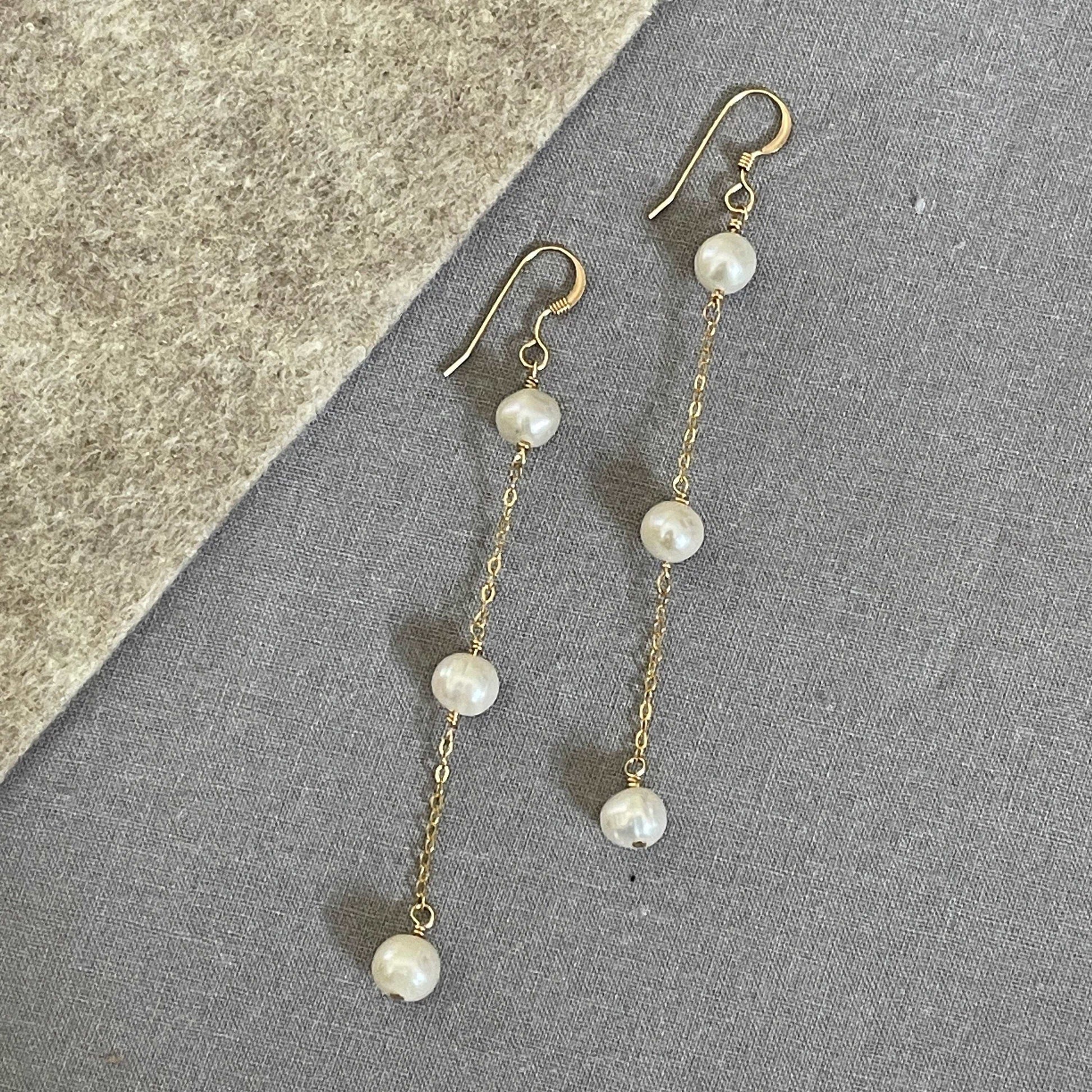 14K Gold Filled Tarnish Resistant, Pearl Drop Earrings, 3 Pearls Drop Earrings - sjewellery|sara jewellery shop toronto