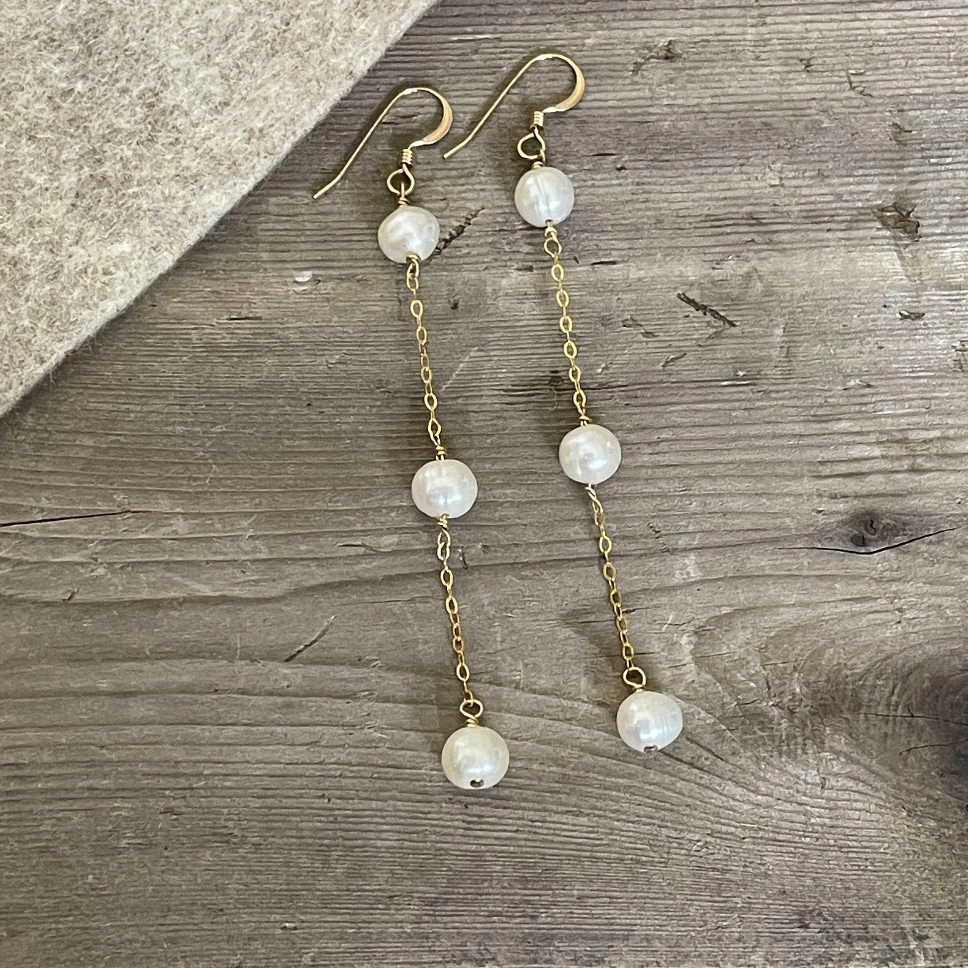 14K Gold Filled Tarnish Resistant, Pearl Drop Earrings, 3 Pearls Drop Earrings - sjewellery|sara jewellery shop toronto