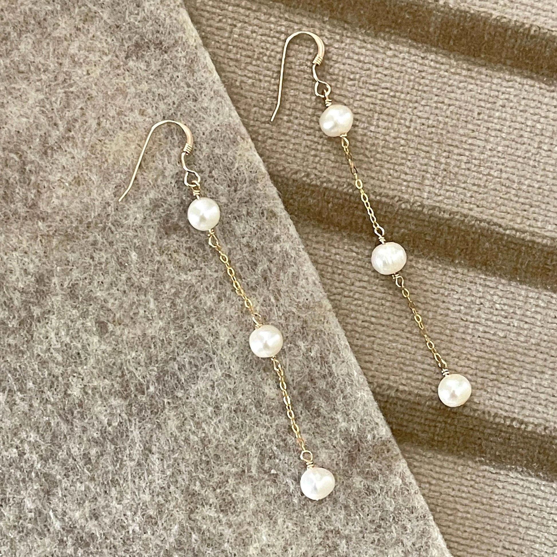 14K Gold Filled Tarnish Resistant, Pearl Drop Earrings, 3 Pearls Drop Earrings - sjewellery|sara jewellery shop toronto