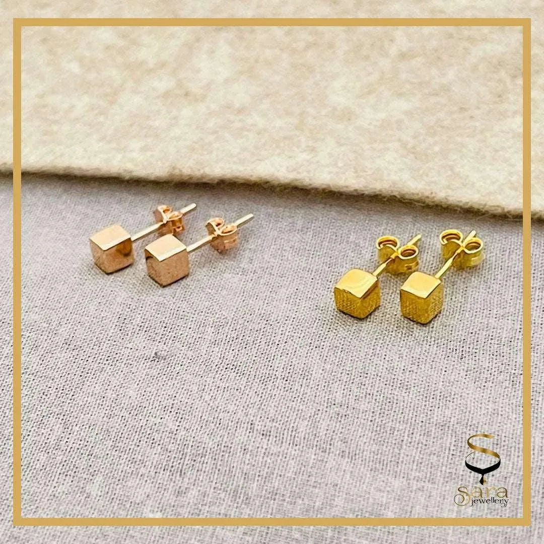 18 K Gold Square Stud Earrings , Simple Stud Earrings For Everyday Wear - sjewellery|sara jewellery shop toronto