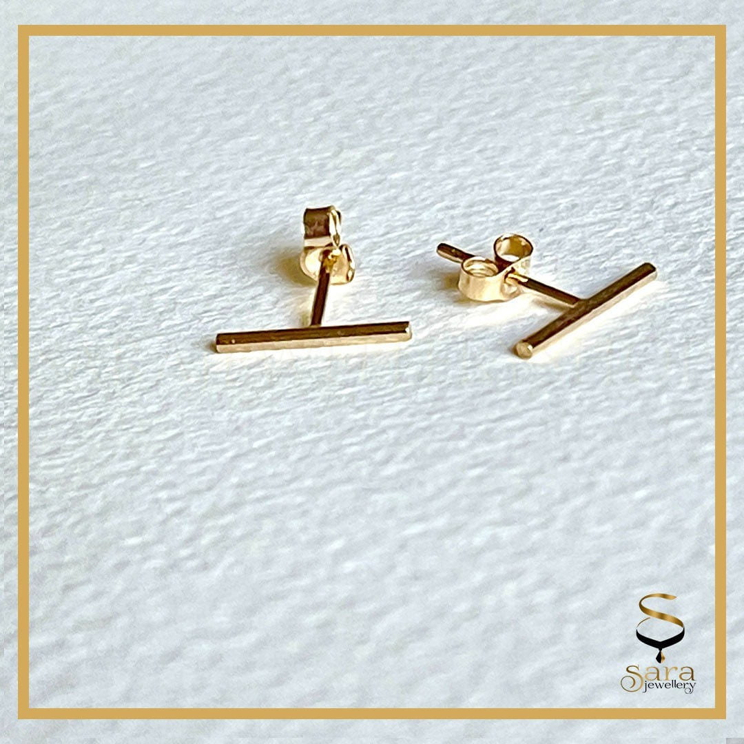 14k Gold Bar Studs, Line Stud Earrings gold, Single Gold Bar Stud Earrings - sjewellery|sara jewellery shop toronto