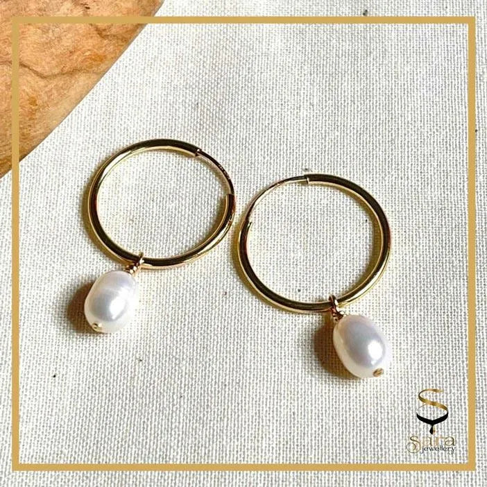 14k Gold  Filled Dainty Hoop Earrings With Freshwater Pearls - Sara jewellery shop