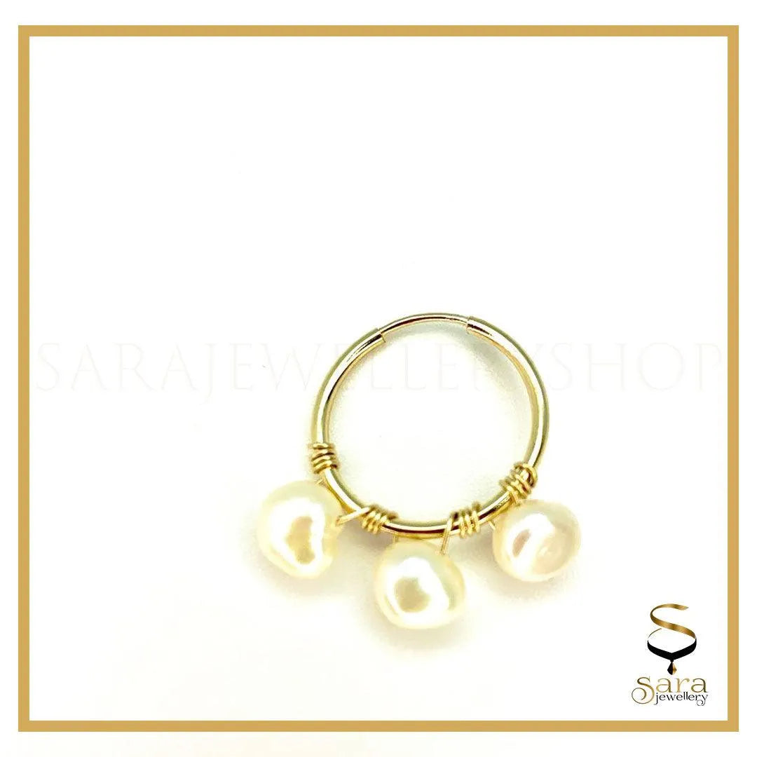 14k Gold Filled Hoop Earrings With 3 Pearl| For Everyday Wear - sjewellery|sara jewellery shop toronto