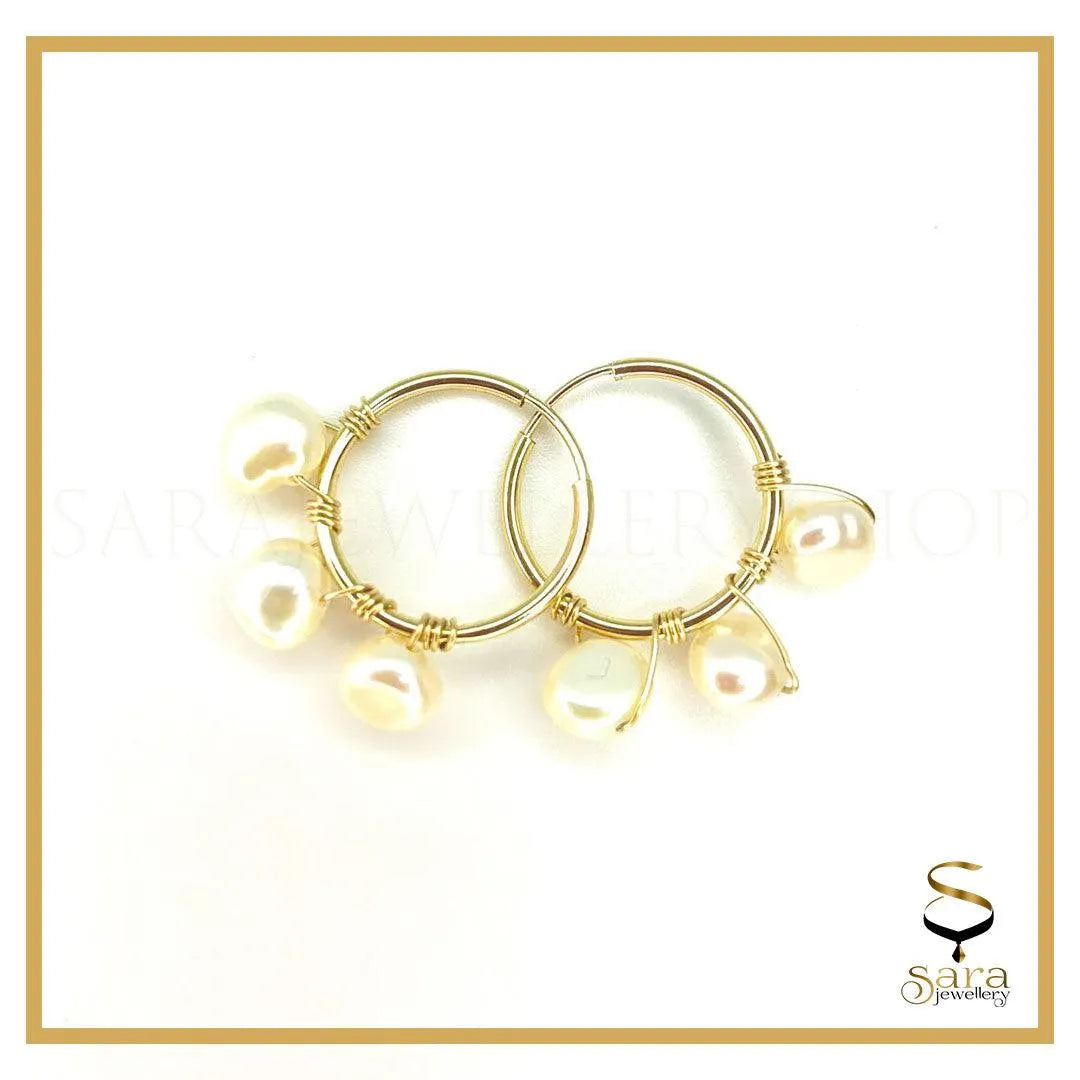 14k Gold Filled Hoop Earrings With 3 Pearl| For Everyday Wear - sjewellery|sara jewellery shop toronto