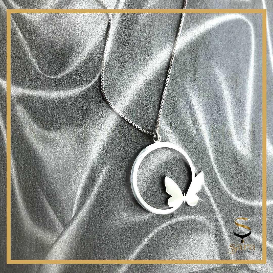 Butterfly pendant| Butterfly necklace| Circle butterfly pendant| Sterling silver butterfly necklace sjewellery|sara jewellery shop toronto