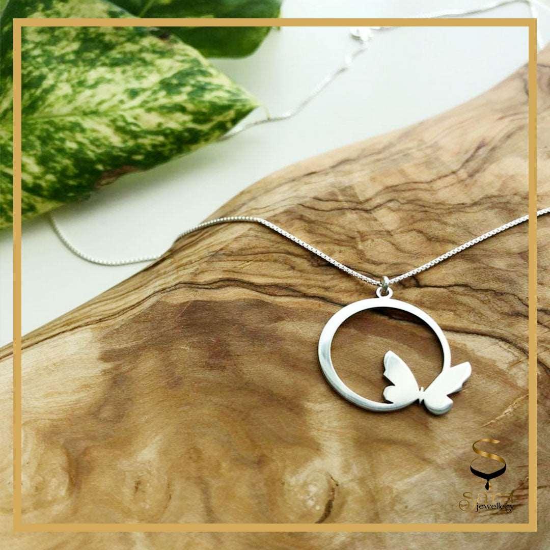 Butterfly pendant| Butterfly necklace| Circle butterfly pendant| Sterling silver butterfly necklace - sjewellery|sara jewellery shop toronto