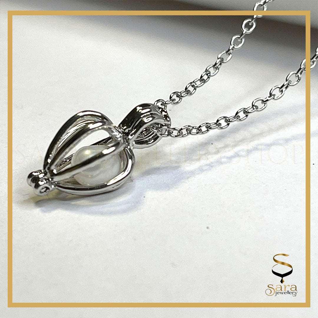 Cage Pendant| necklaces Pearl Cage Pendant| Pearl in white gold plated cage with silver chain - sjewellery|sara jewellery shop toronto