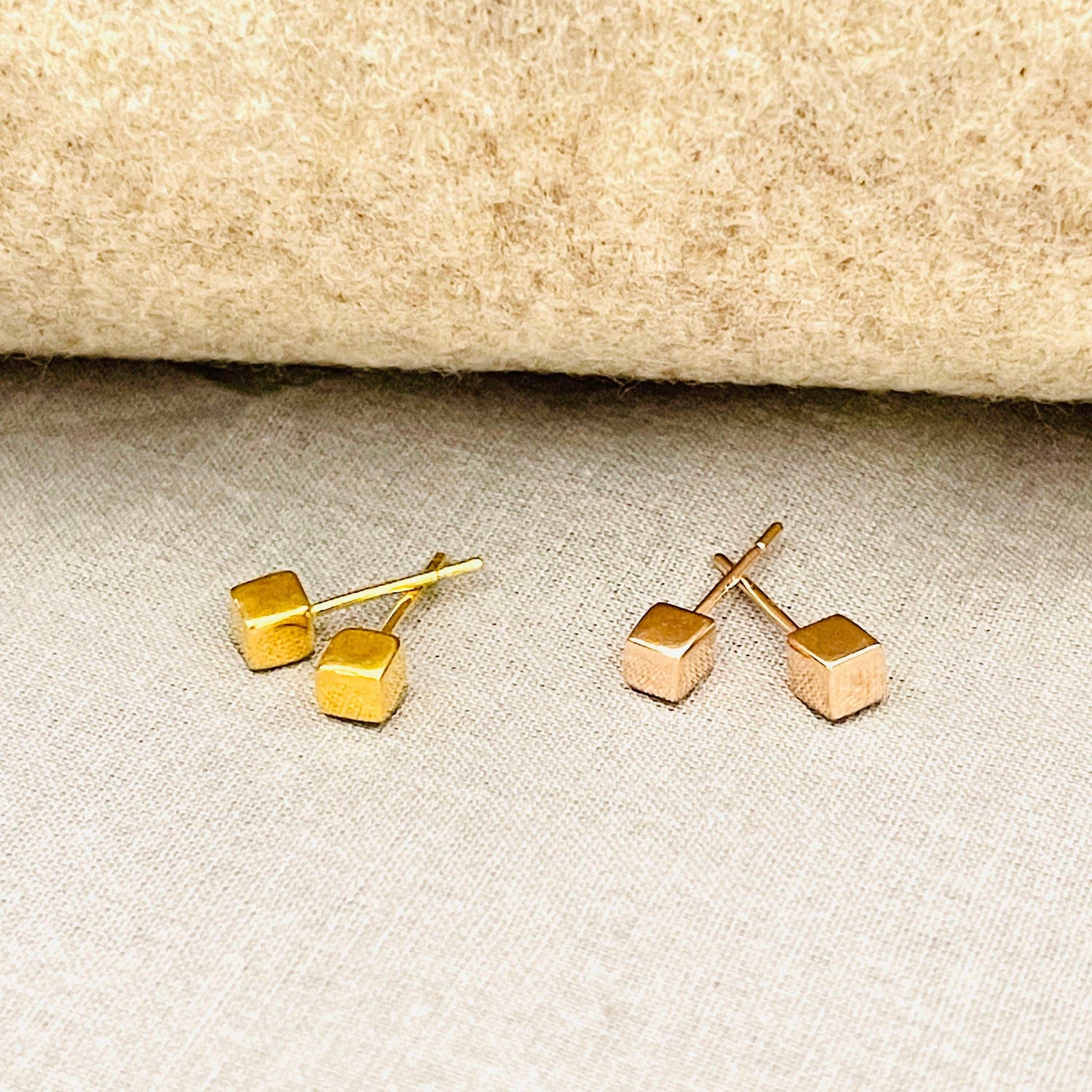 Dainty Gold and Rose Gold Solid Cube Stud Earrings, Tiny Cube Stud Earrings, Solid Gold Minimalist Square Stud Earrings sjewellery|sara jewellery shop toronto