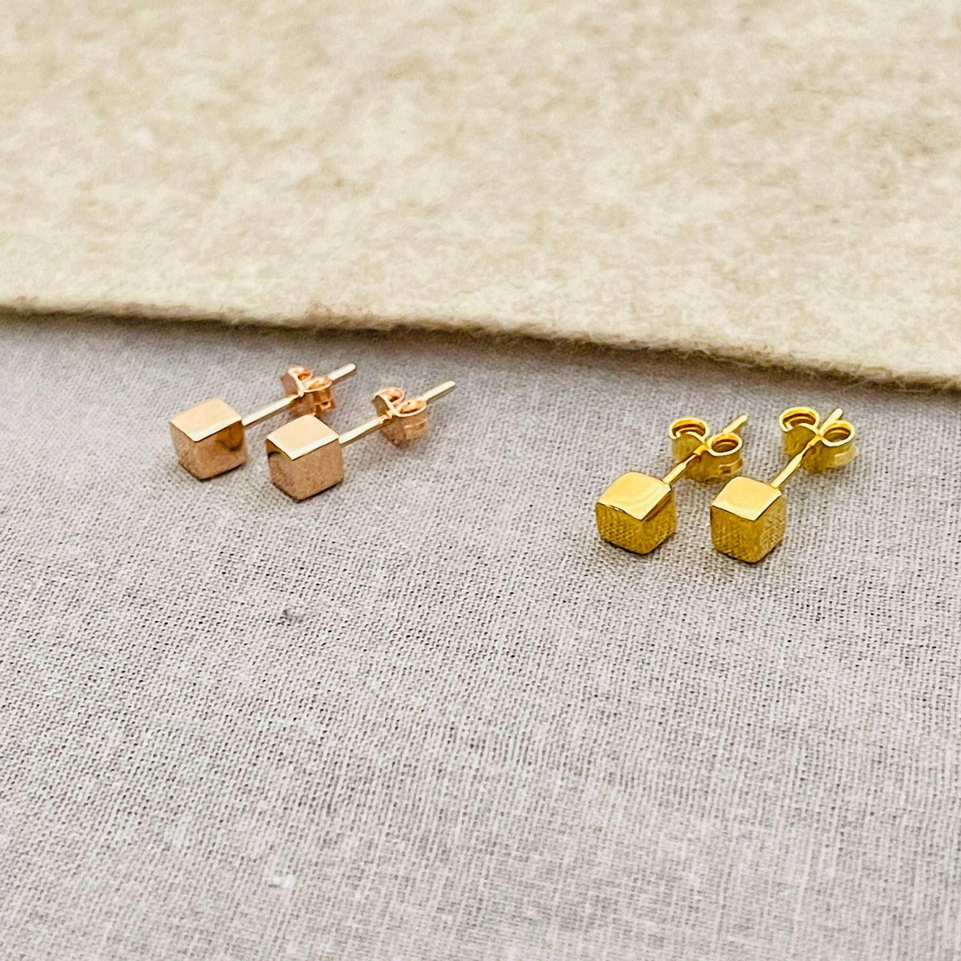 Dainty Gold and Rose Gold Solid Cube Stud Earrings, Tiny Cube Stud