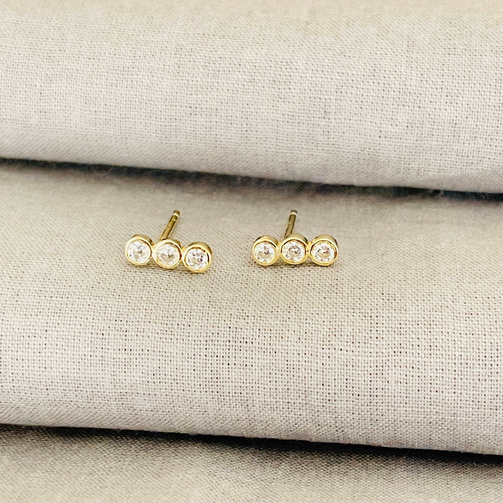 Dainty Tiny CZ Diamond Stud Earrings, Gold Stud Earrings with Three Clear Cubic Zirconia, Minimal Gold Earrings sjewellery|sara jewellery shop toronto