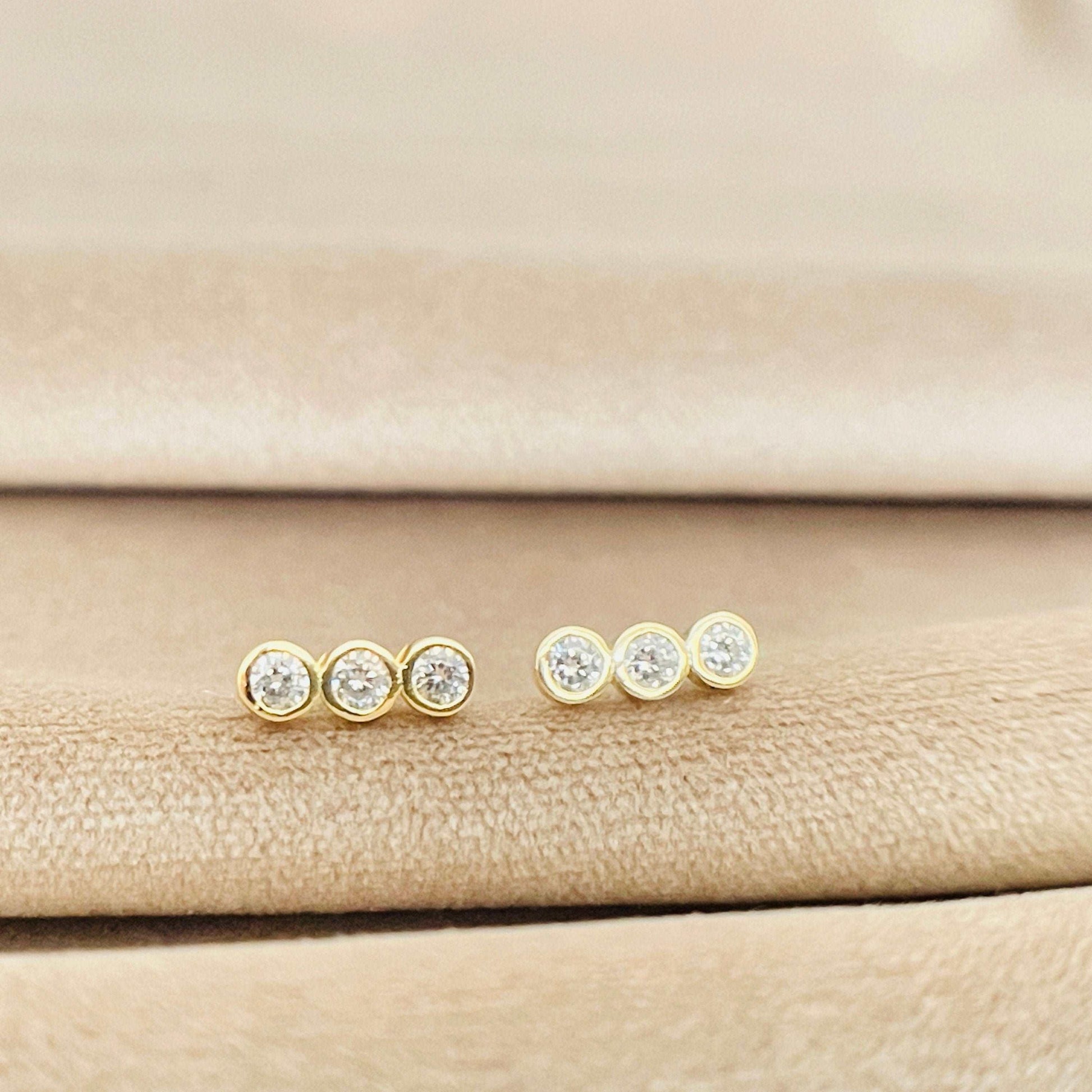 Dainty Tiny CZ Diamond Stud Earrings, Gold Stud Earrings with Three Clear Cubic Zirconia, Minimal Gold Earrings sjewellery|sara jewellery shop toronto