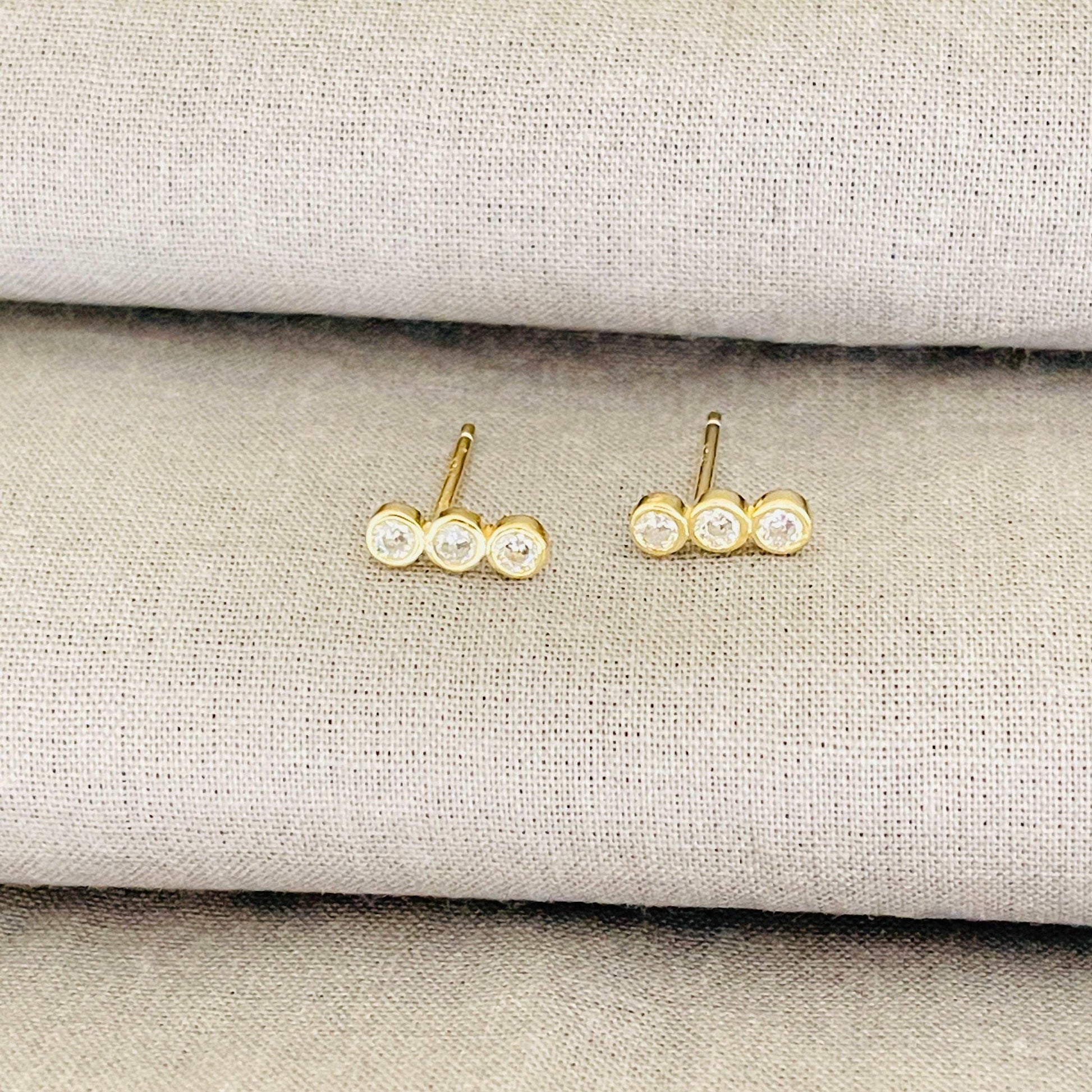 Dainty Tiny CZ Diamond Stud Earrings, Gold Stud Earrings with Three Clear Cubic Zirconia, Minimal Gold Earrings sjewellery|sara jewellery shop toronto