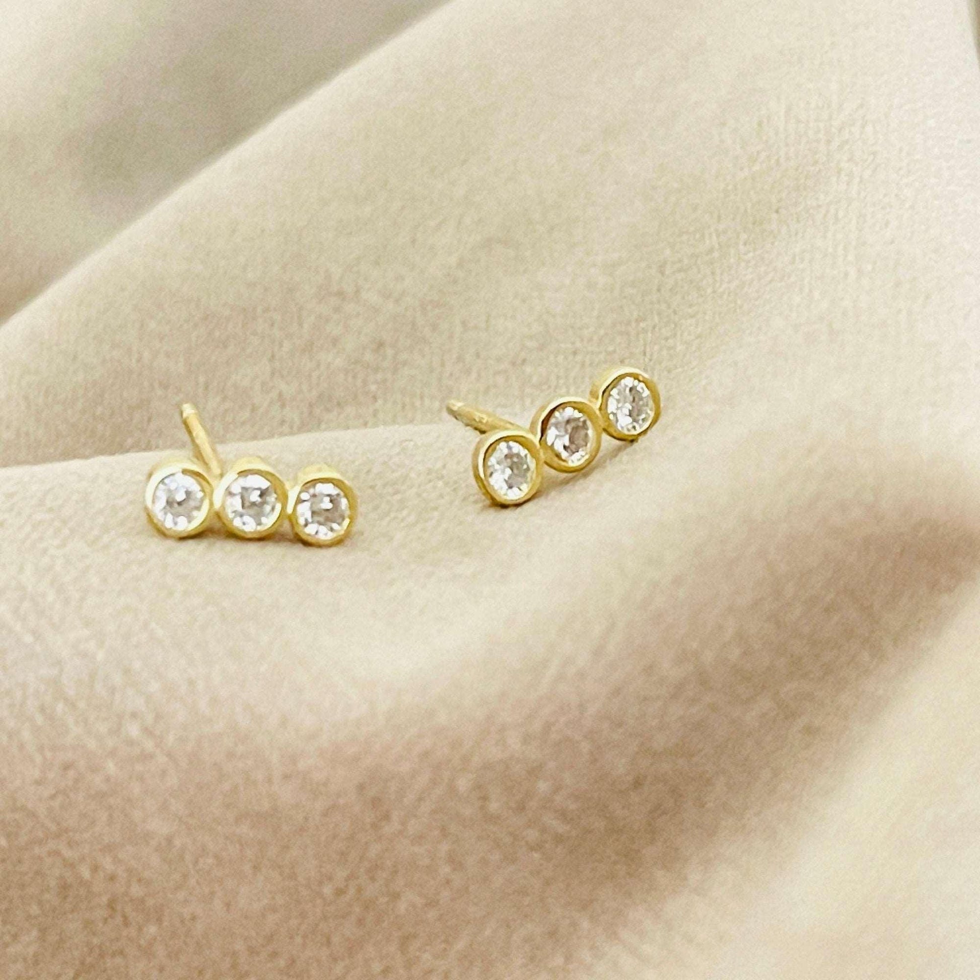 Dainty Tiny CZ Diamond Stud Earrings, Gold Stud Earrings with Three Clear Cubic Zirconia, Minimal Gold Earrings sjewellery|sara jewellery shop toronto