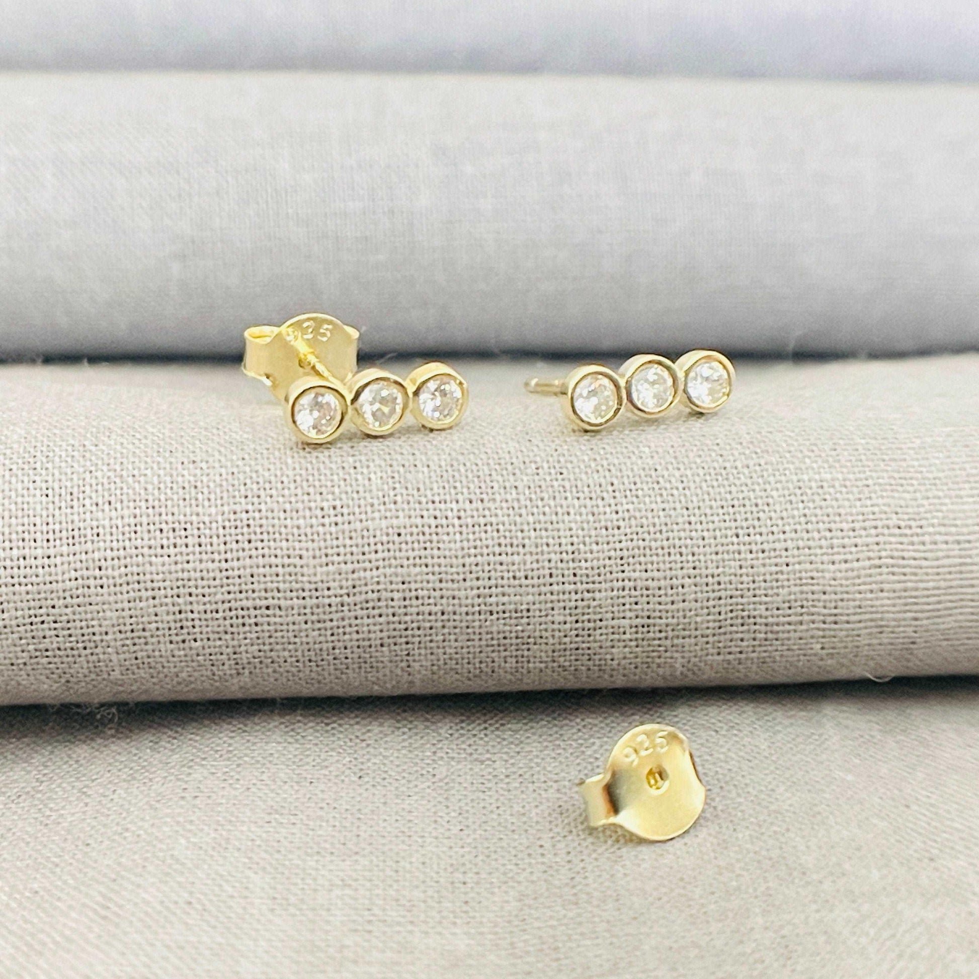 Dainty Tiny CZ Diamond Stud Earrings, Gold Stud Earrings with Three Clear Cubic Zirconia, Minimal Gold Earrings sjewellery|sara jewellery shop toronto