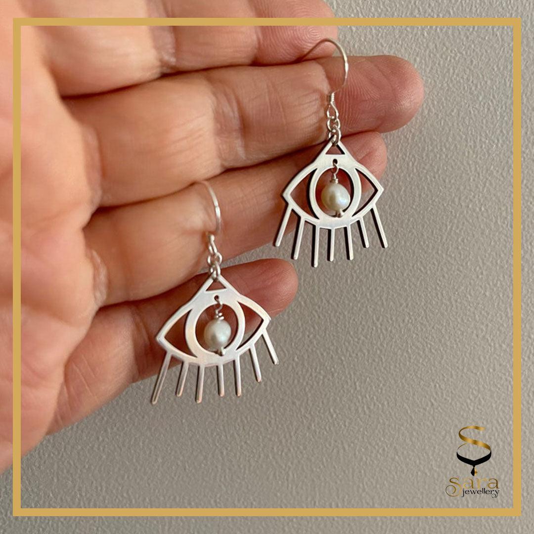 Evil Eye Earrings with white Freshwater pearls | Sterling silver Devil eye earrings sjewellery|sara jewellery shop toronto