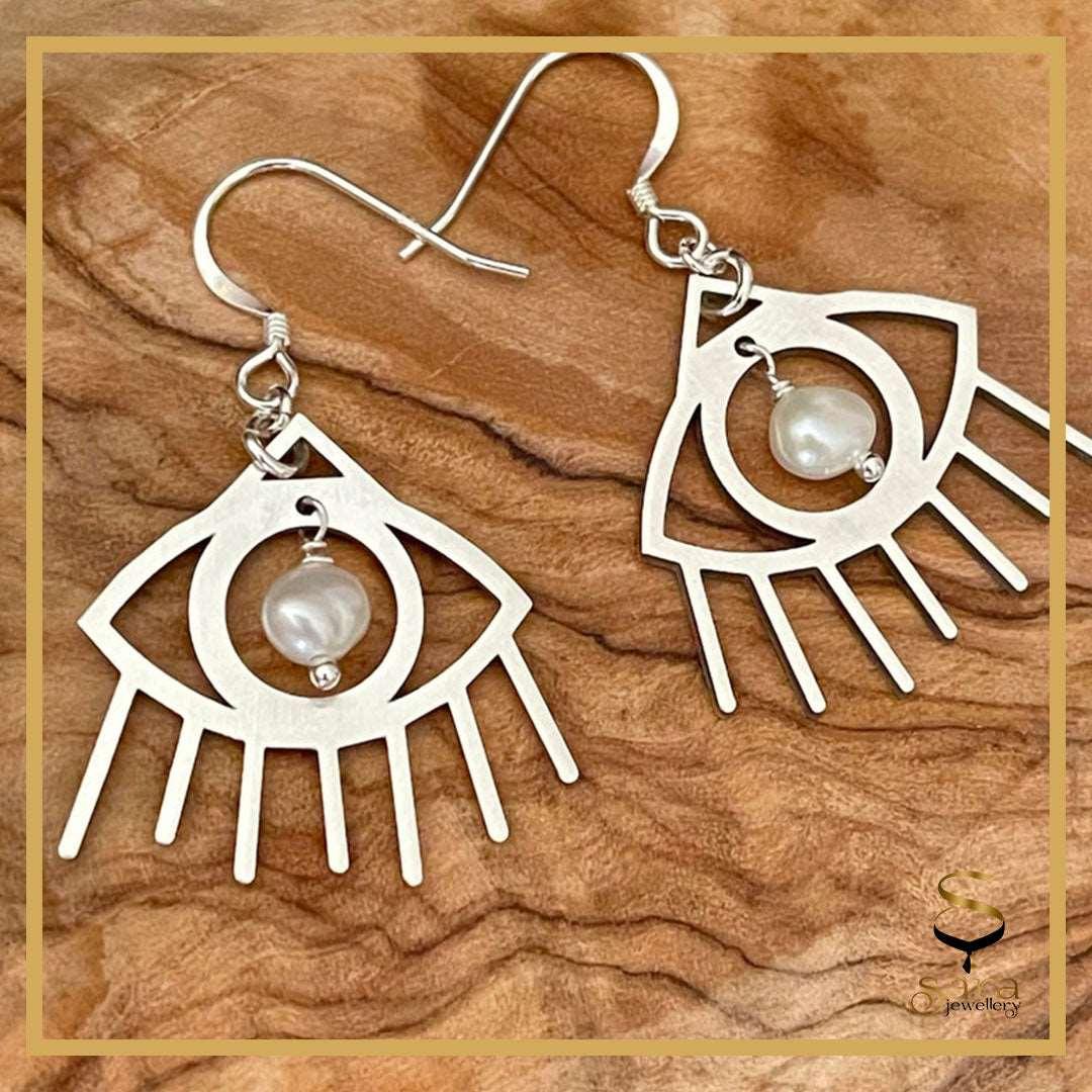 Evil Eye Earrings with white Freshwater pearls | Sterling silver Devil eye earrings sjewellery|sara jewellery shop toronto