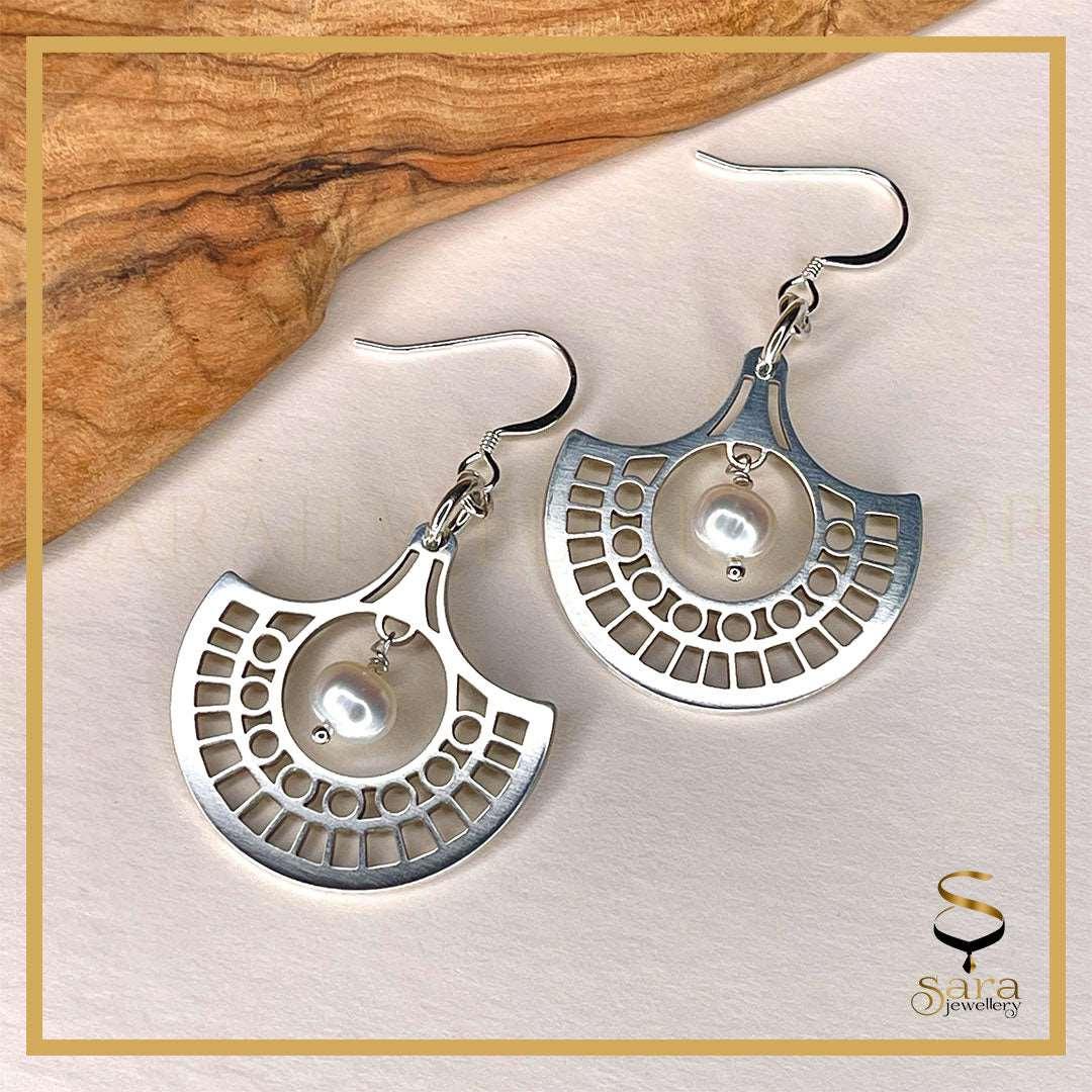 Geometric earring| Sterling silver geometric earrings| Sterling silver geometric earrings with drop fresh water pearls - sjewellery|sara jewellery shop toronto