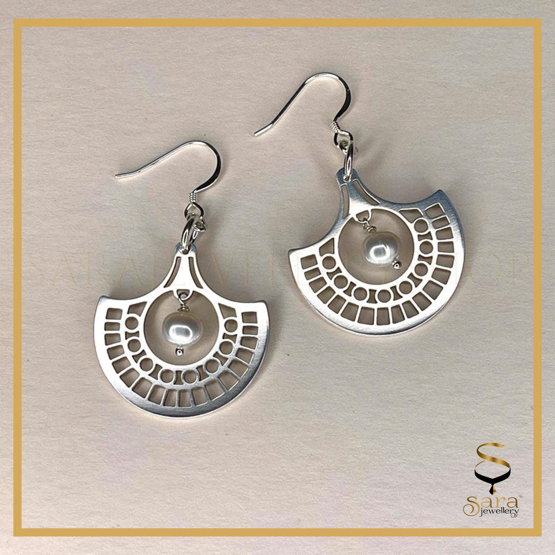 Geometric earring| Sterling silver geometric earrings| Sterling silver geometric earrings with drop fresh water pearls - sjewellery|sara jewellery shop toronto