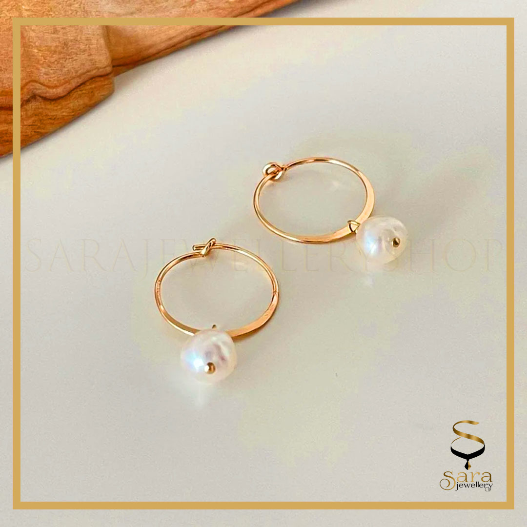 Gold Hoop Earrings with fresh-water pearls l 14K Gold Filled Tarnish Resistant Earrings l Hammered Hoop Earrings sjewellery|sara jewellery shop toronto