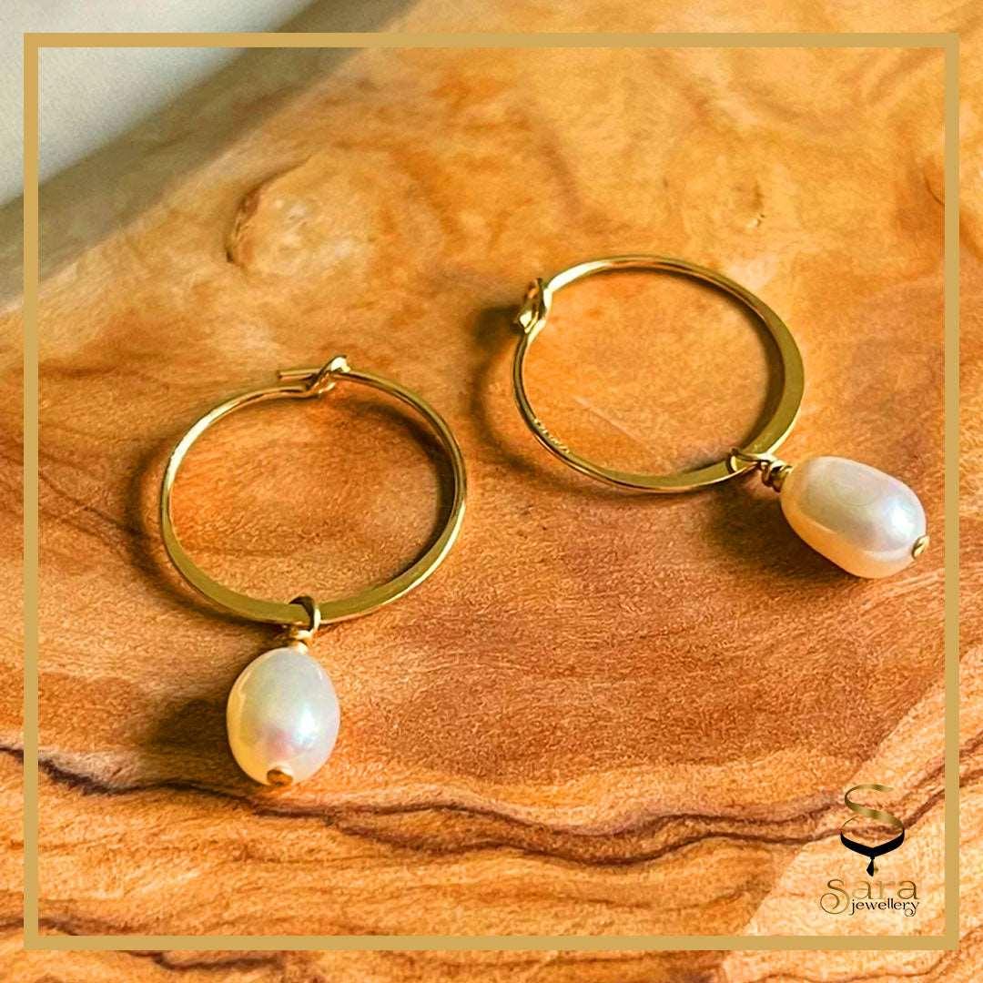 Gold Hoop Earrings with fresh-water pearls l 14K Gold Filled Tarnish Resistant Earrings l Hammered Hoop Earrings sjewellery|sara jewellery shop toronto