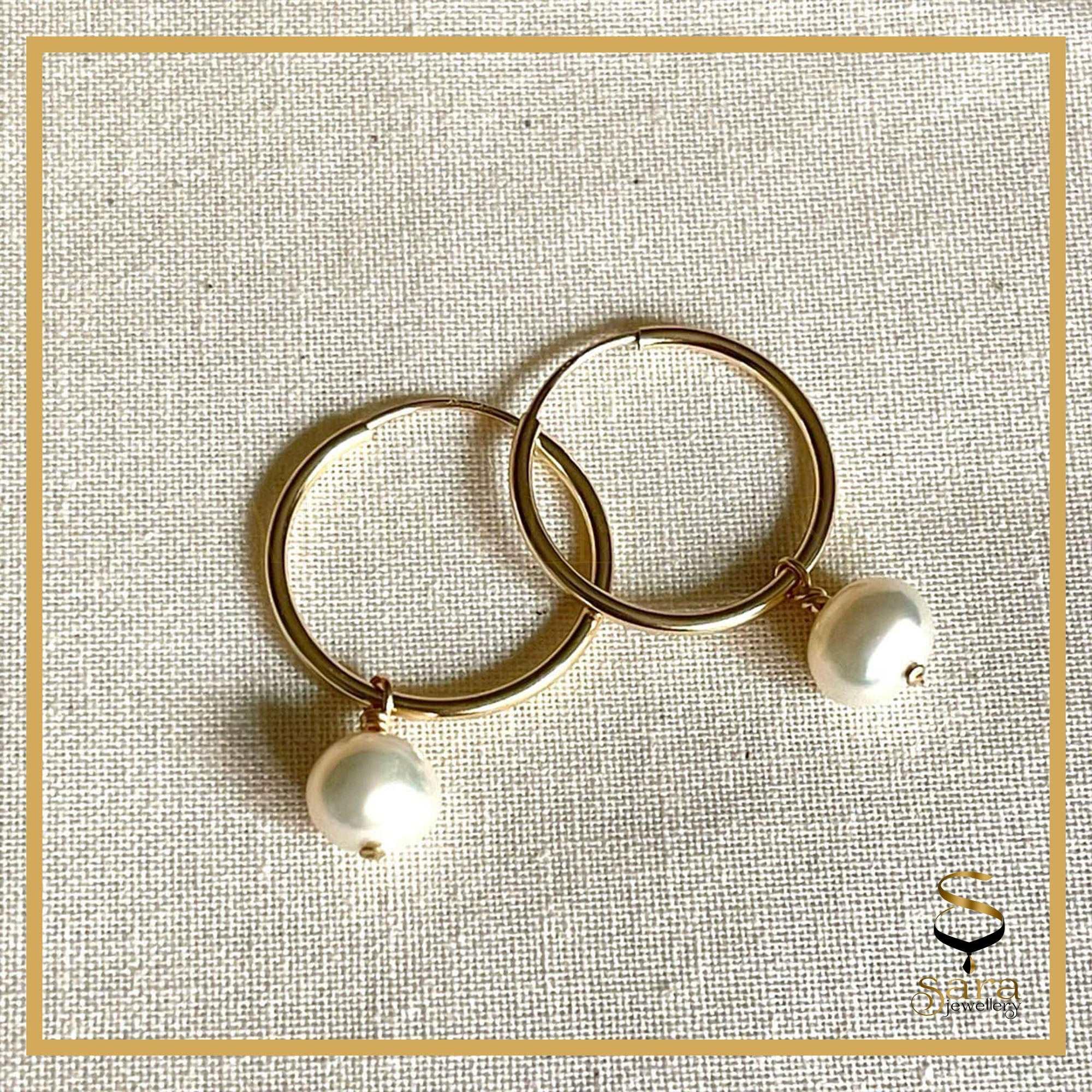Gold earrings with freshwater pearls Pearl Hoop Earrings - Sara jewellery shop