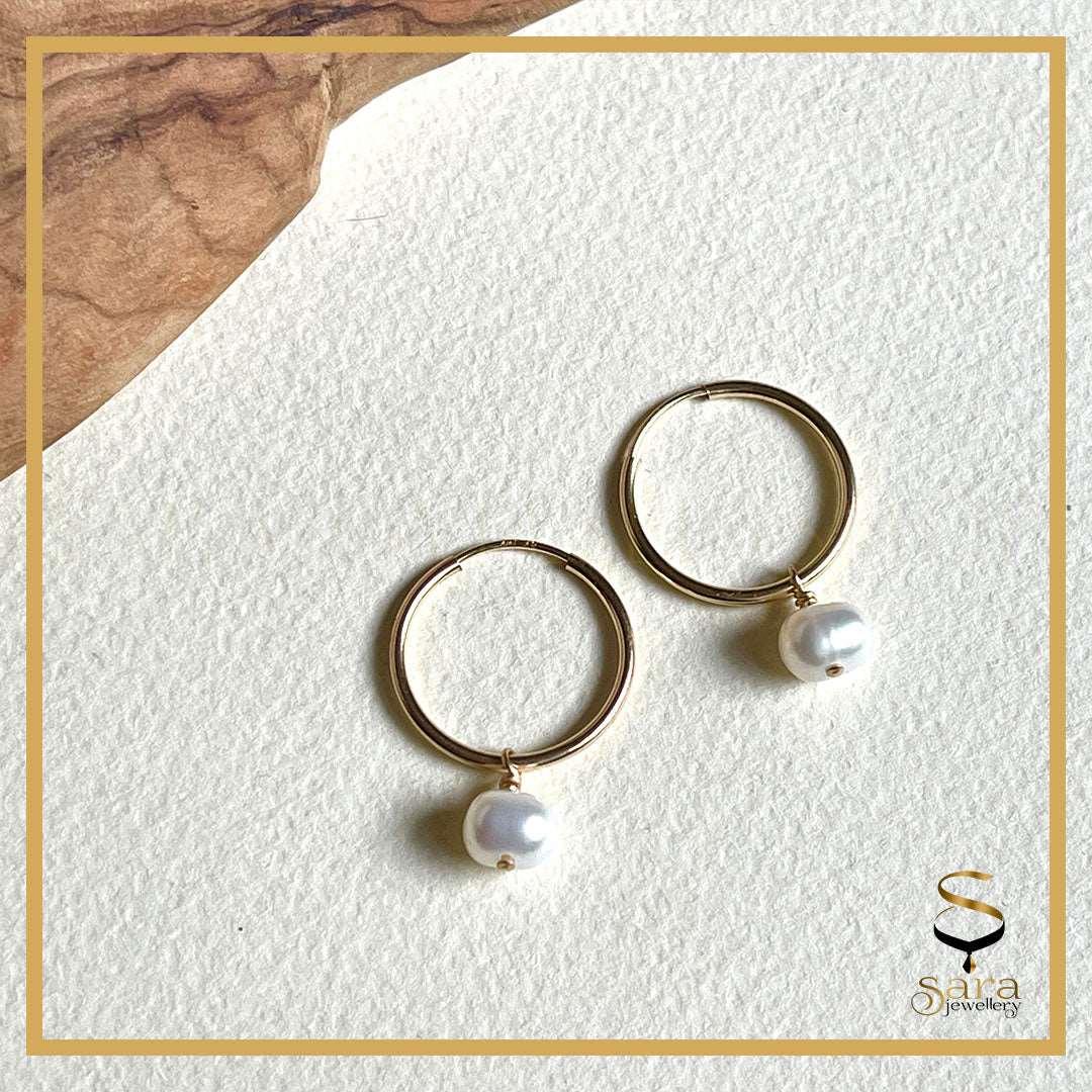 Gold earrings with freshwater pearls Pearl Hoop Earrings - Sara jewellery shop