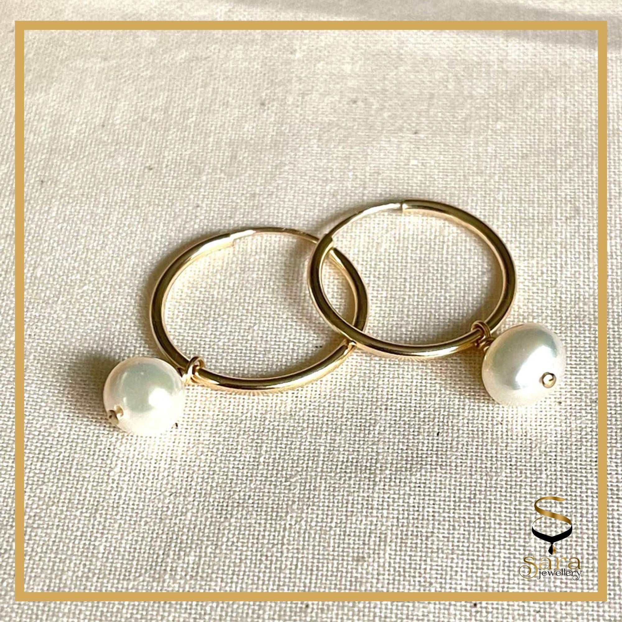 Gold earrings with freshwater pearls Pearl Hoop Earrings - Sara jewellery shop