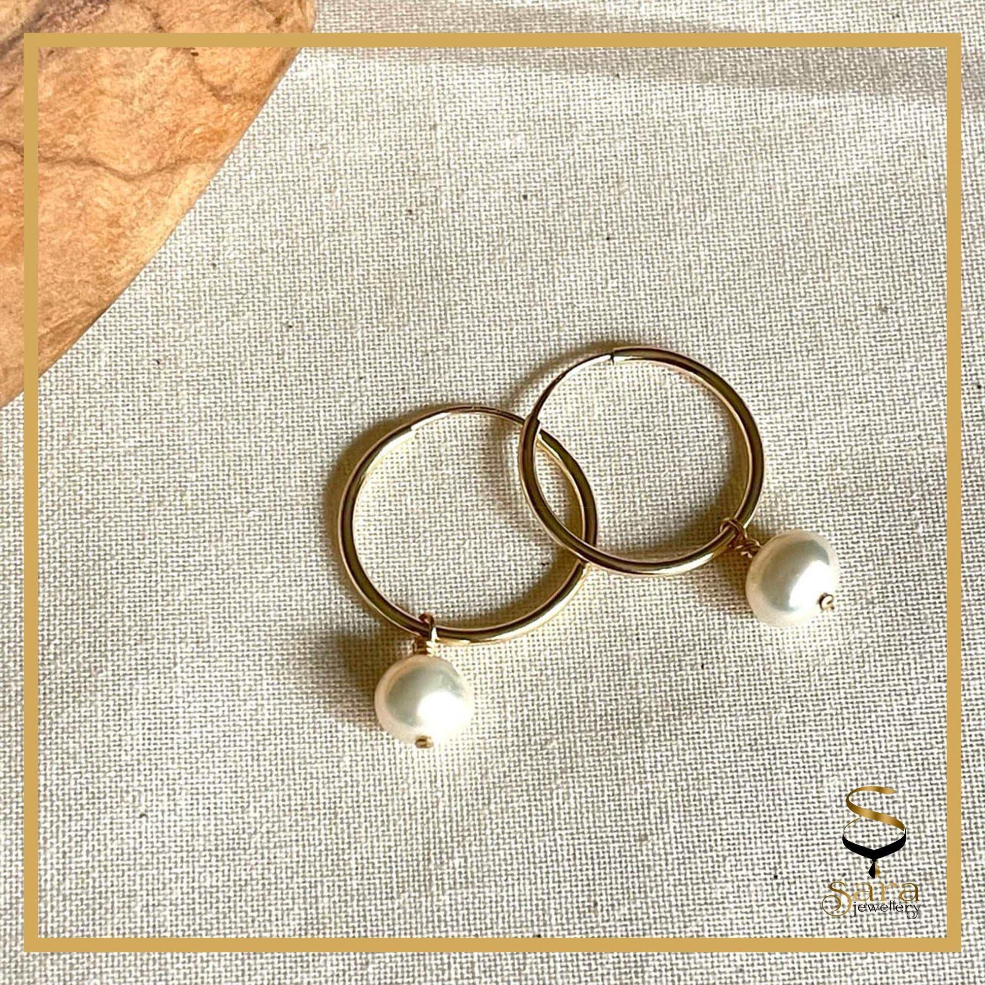 Gold earrings with freshwater pearls Pearl Hoop Earrings - Sara jewellery shop