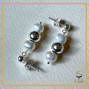 Pearl Drop Earrings| Sterling silver ball earrings with drop white freshwater pearls sjewellery|sara jewellery shop toronto
