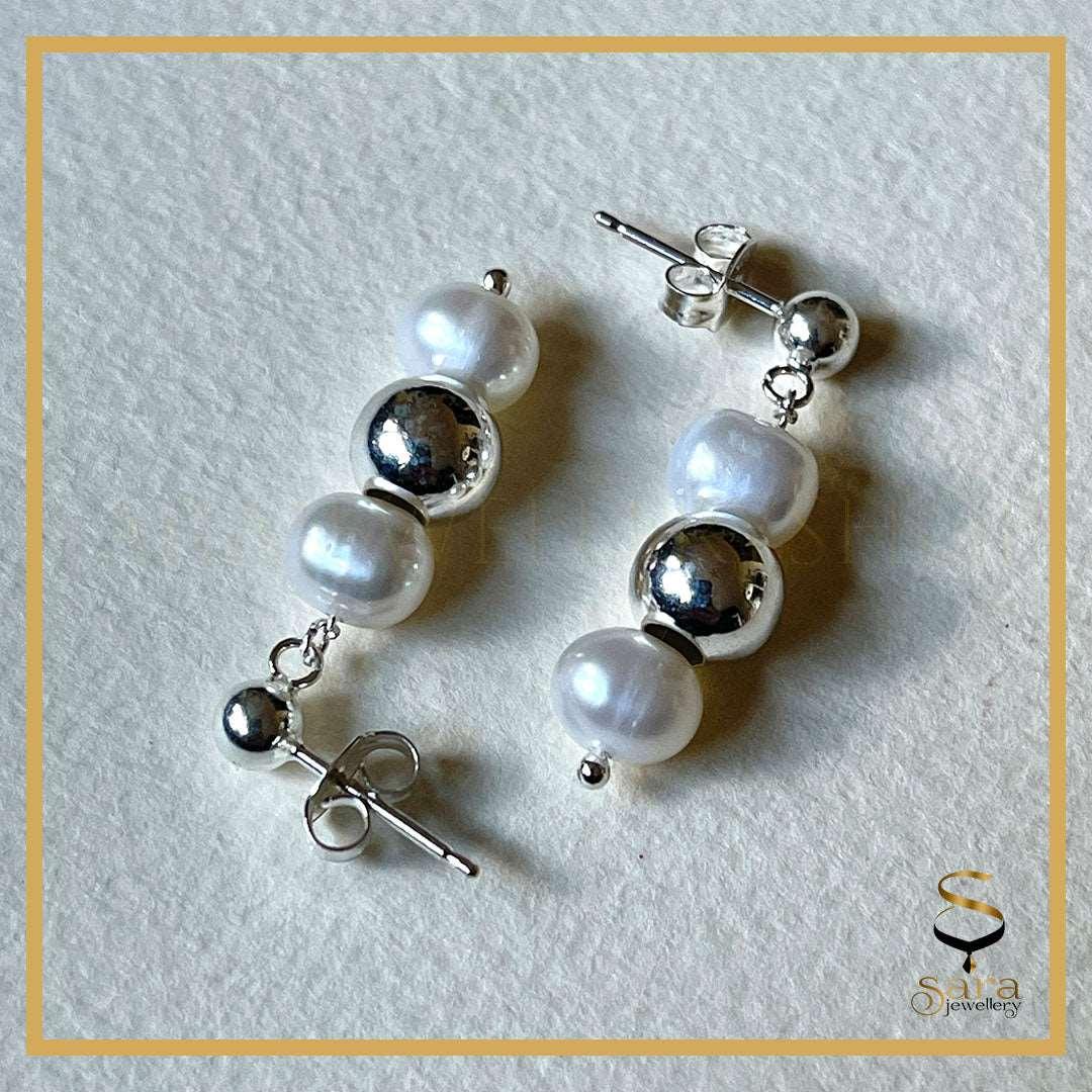 Pearl Drop Earrings| Sterling silver ball earrings with drop white freshwater pearls - sjewellery|sara jewellery shop toronto