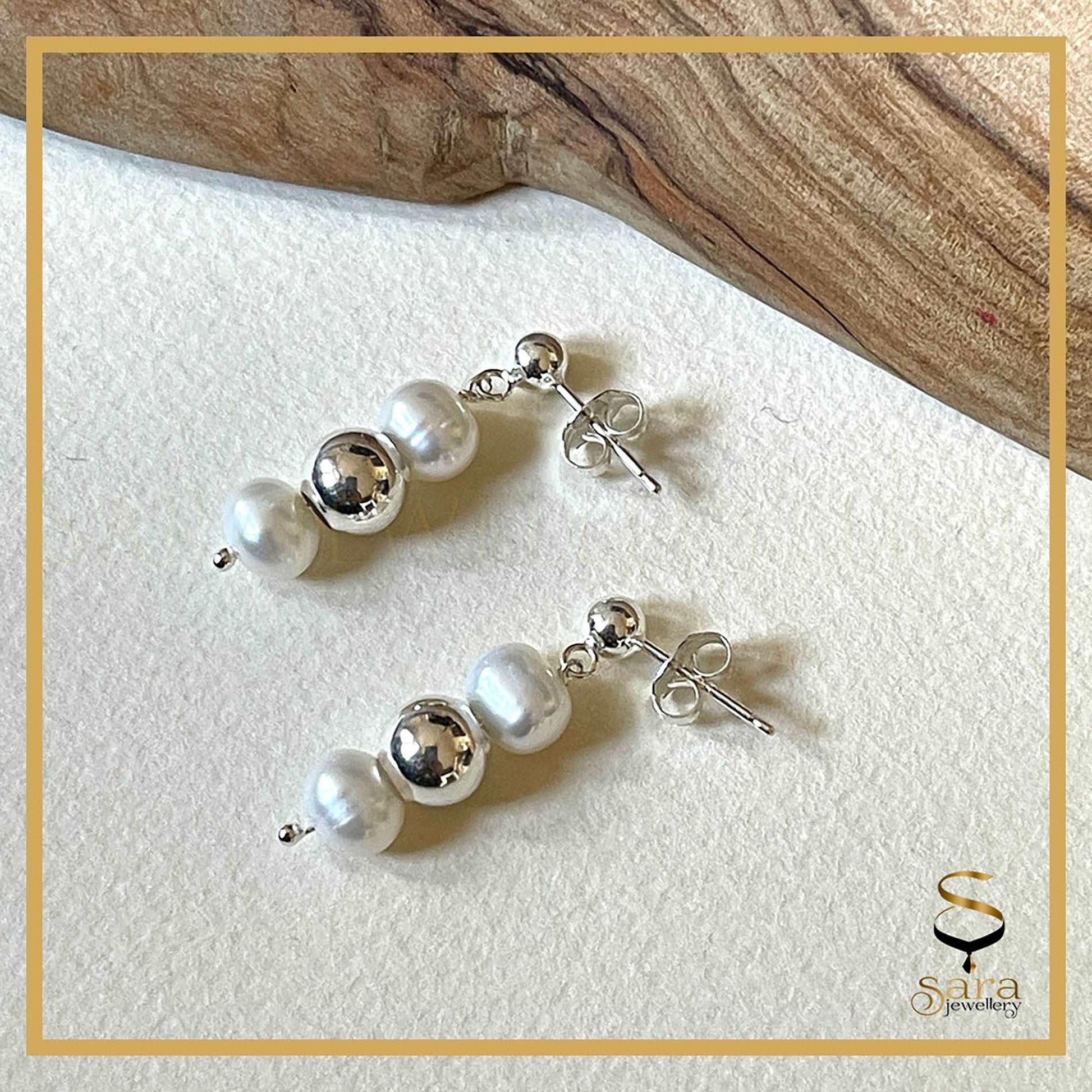 Pearl Drop Earrings| Sterling silver ball earrings with drop white freshwater pearls sjewellery|sara jewellery shop toronto