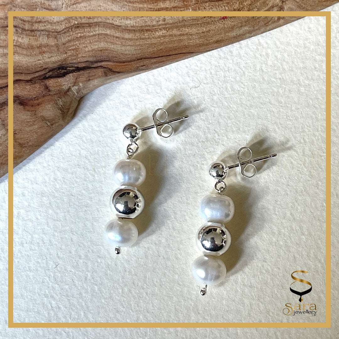Pearl Drop Earrings| Sterling silver ball earrings with drop white freshwater pearls sjewellery|sara jewellery shop toronto