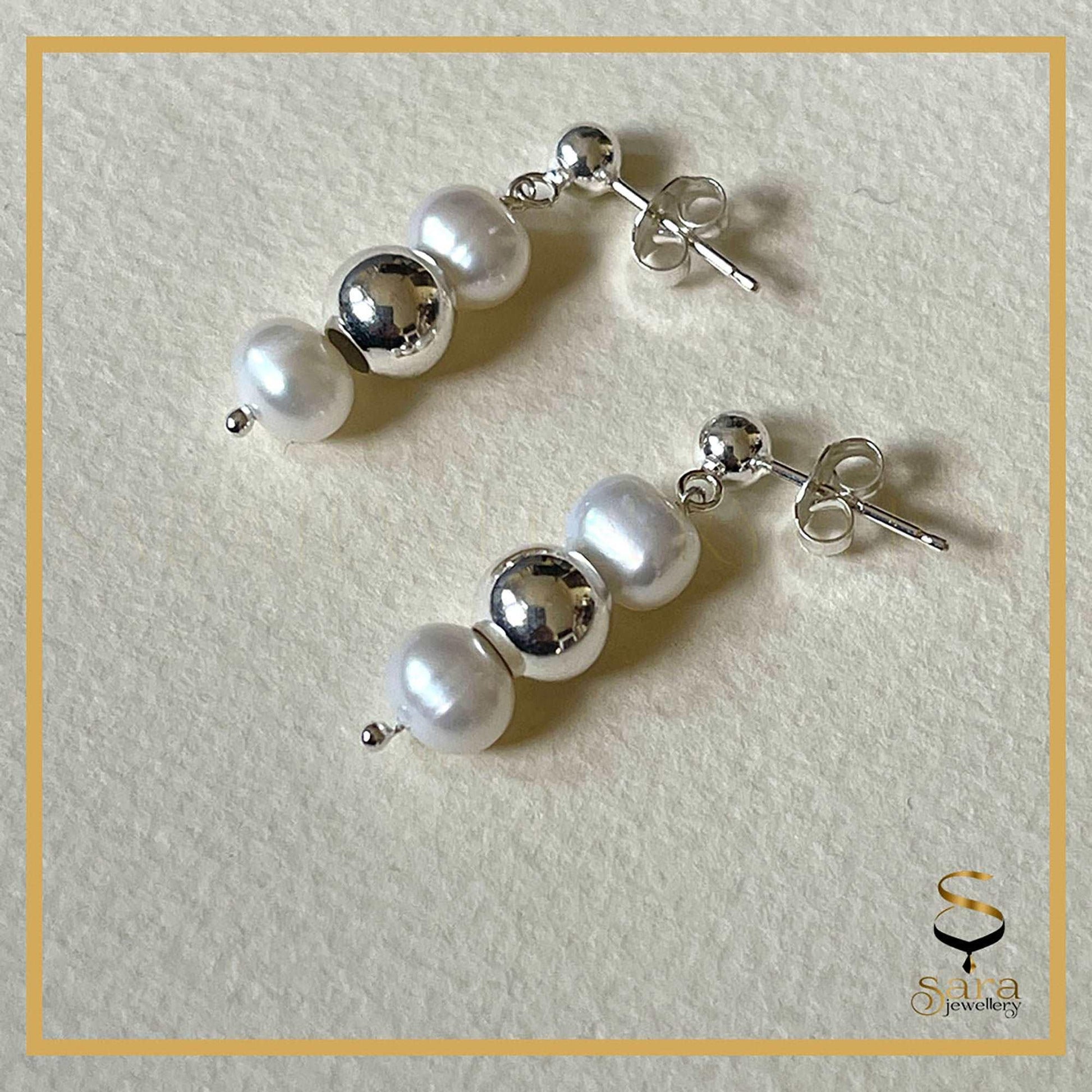 Pearl Drop Earrings| Sterling silver ball earrings with drop white freshwater pearls sjewellery|sara jewellery shop toronto