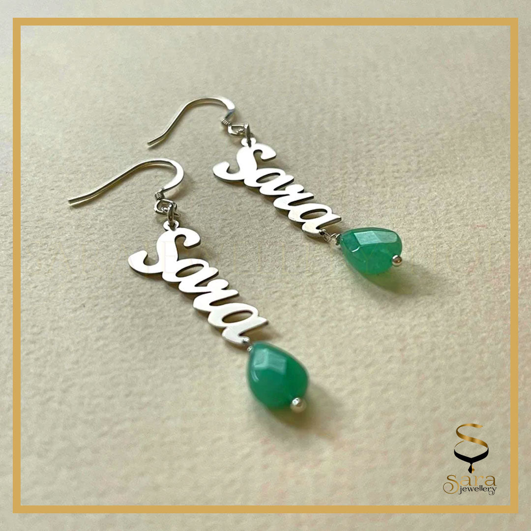 Personalized earrings| Personalized silver earrings with Gemstone| Name earrings| Earrings with Gemstone sjewellery|sara jewellery shop toronto