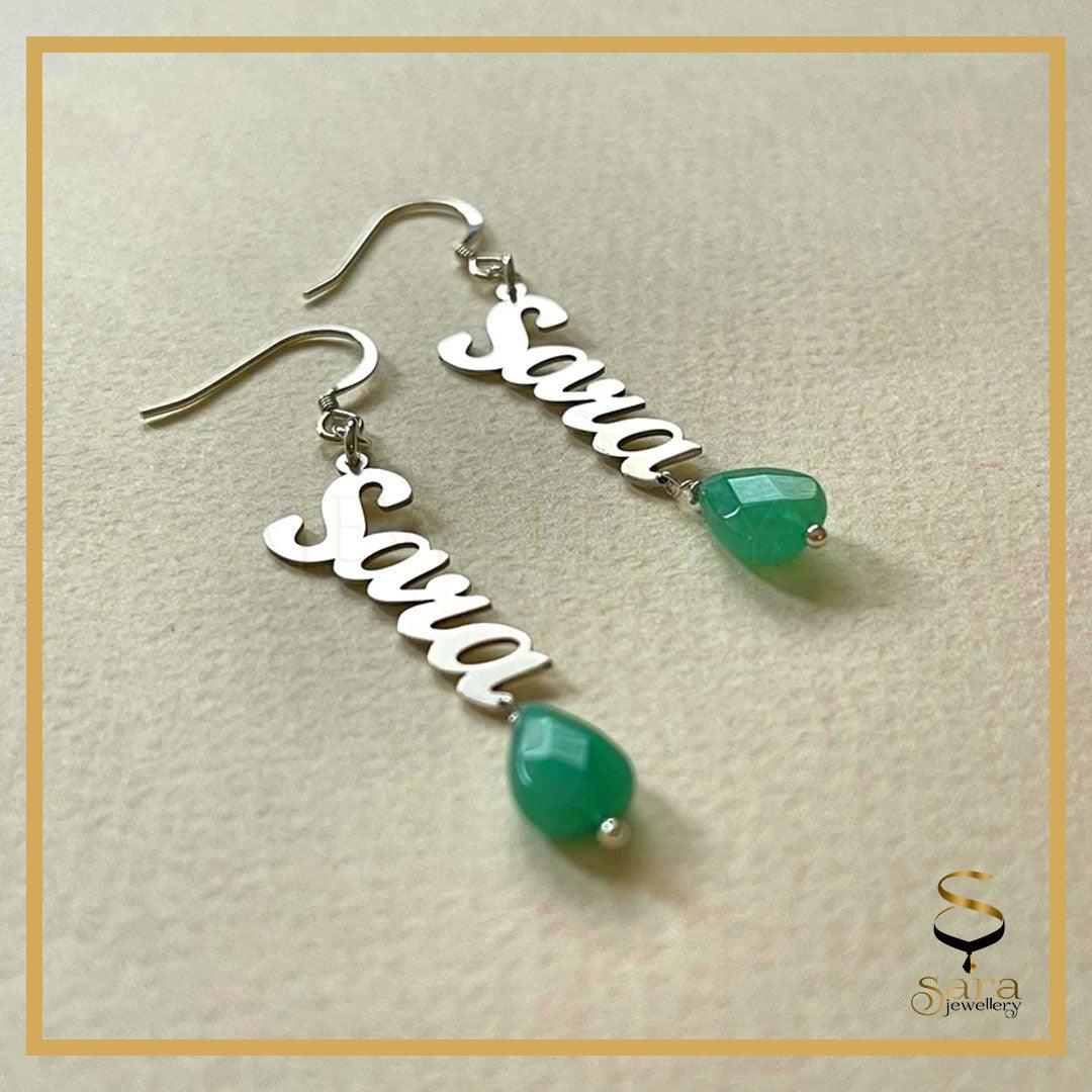 Personalized earrings| Personalized silver earrings with Gemstone| Name earrings| Earrings with Gemstone - Sara jewellery shop