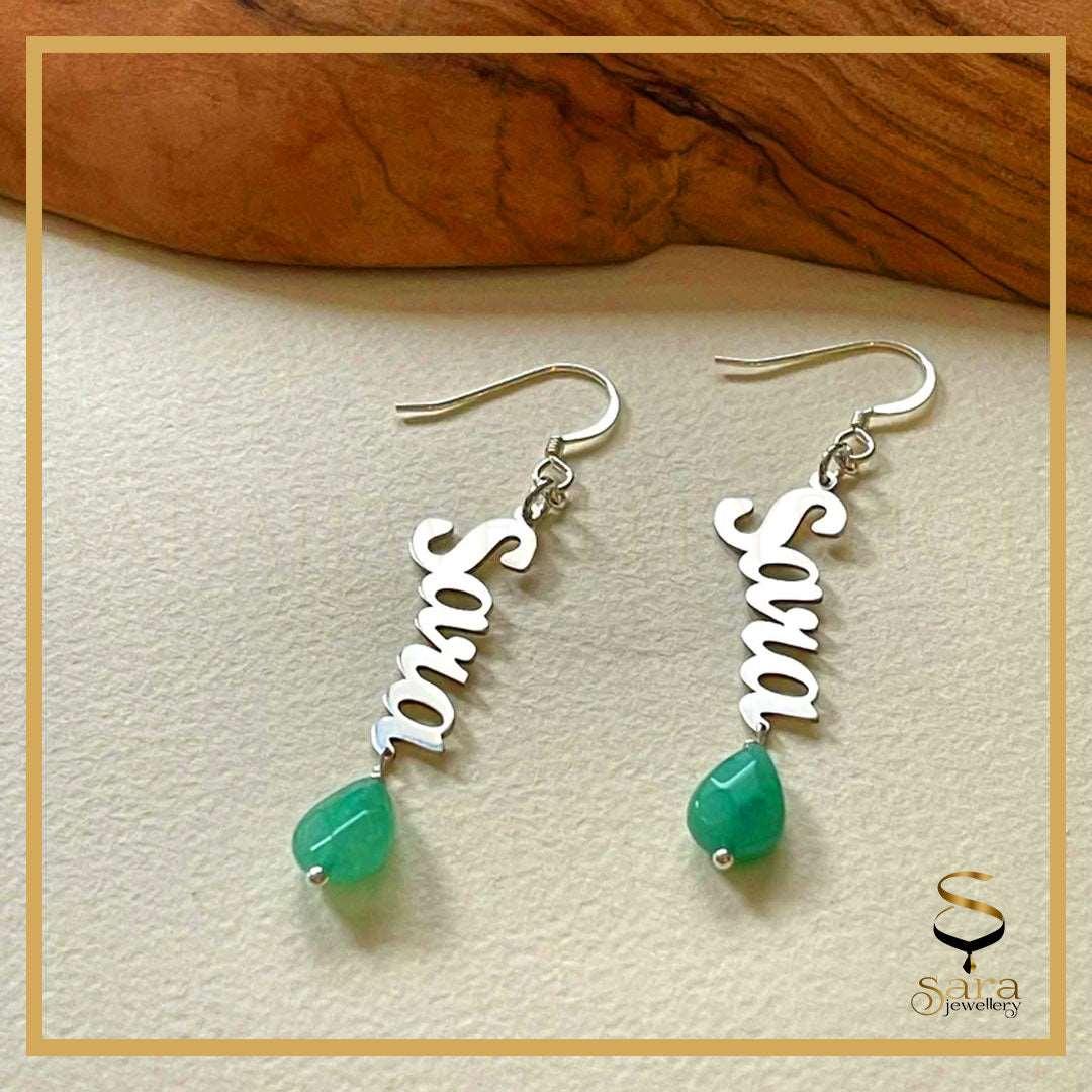 Personalized earrings| Personalized silver earrings with Gemstone| Name earrings| Earrings with Gemstone - Sara jewellery shop