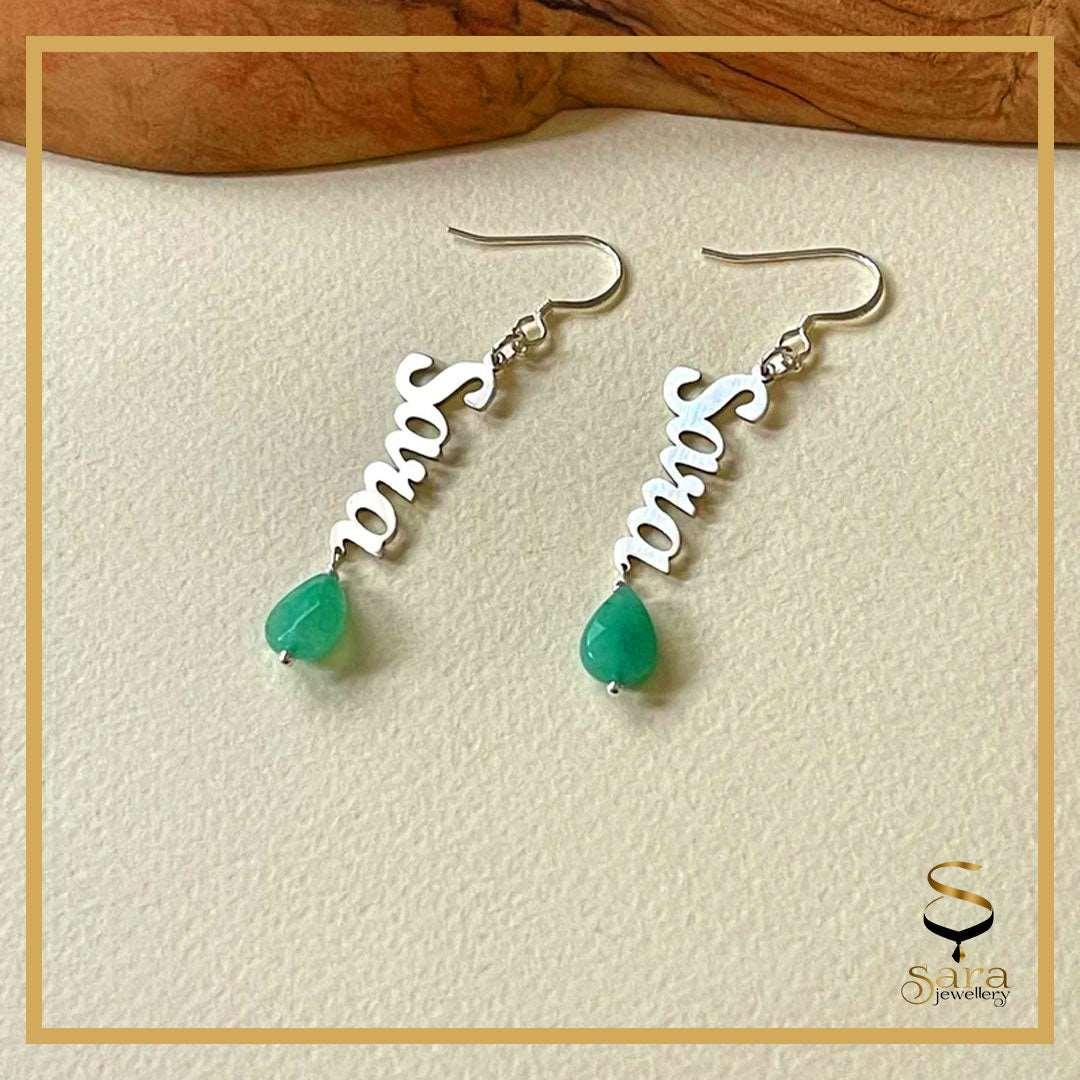 Personalized earrings| Personalized silver earrings with Gemstone| Name earrings| Earrings with Gemstone - Sara jewellery shop