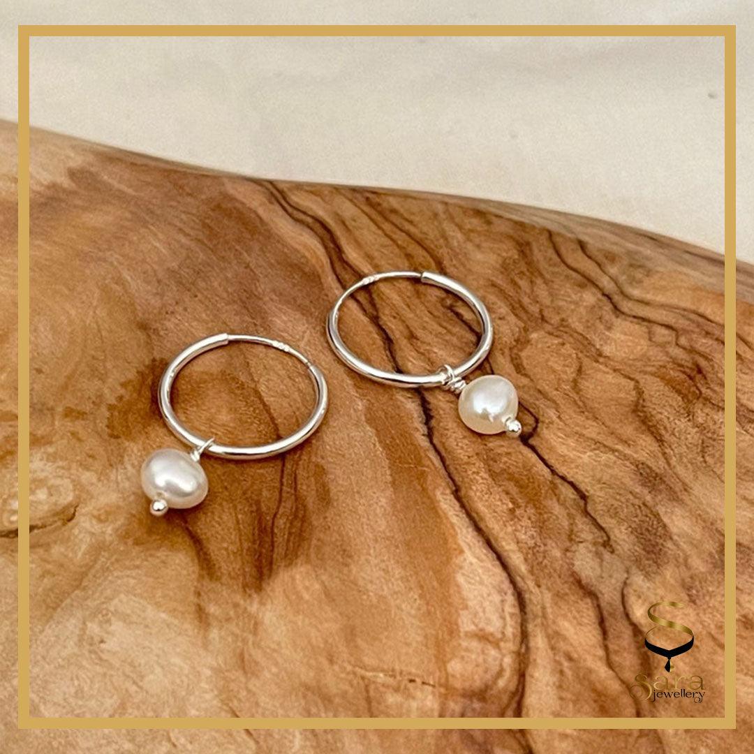 Silver pearl drop earring| Dangle & drop earring| Silver earring| Dainty sterling silver hoops with freshwater pearls - sjewellery|sara jewellery shop toronto