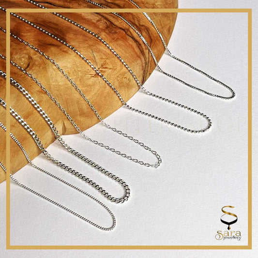 Sterling silver .925 chain in various styles including Curb Chain, Oval Cable Chain, Ball Chain, and Box Chain sjewellery|sara jewellery shop toronto