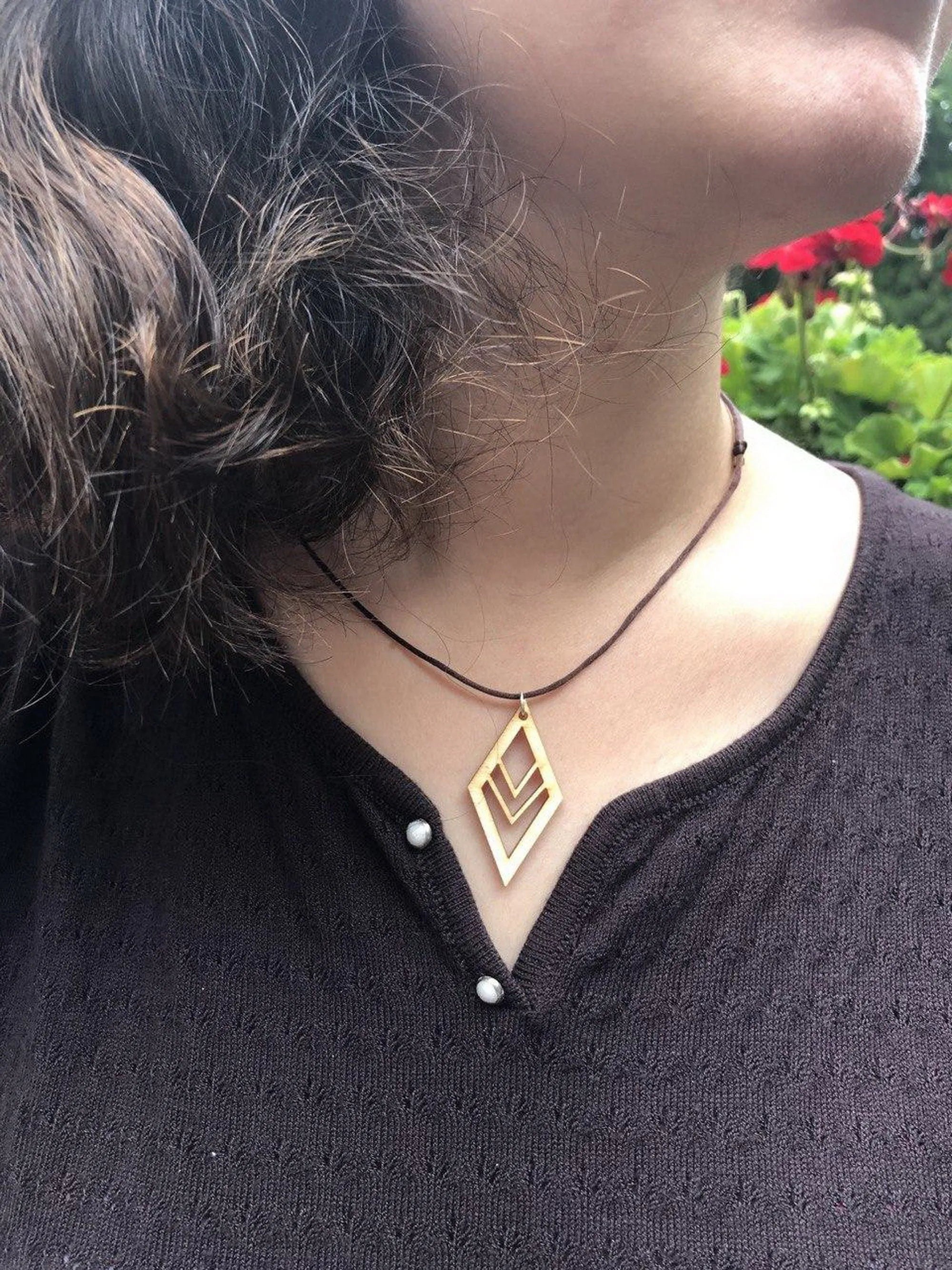 Dainty Geometric wooden Pendant With Stain Cord, Wooden Necklace for Women And Men - Sara jewellery shop