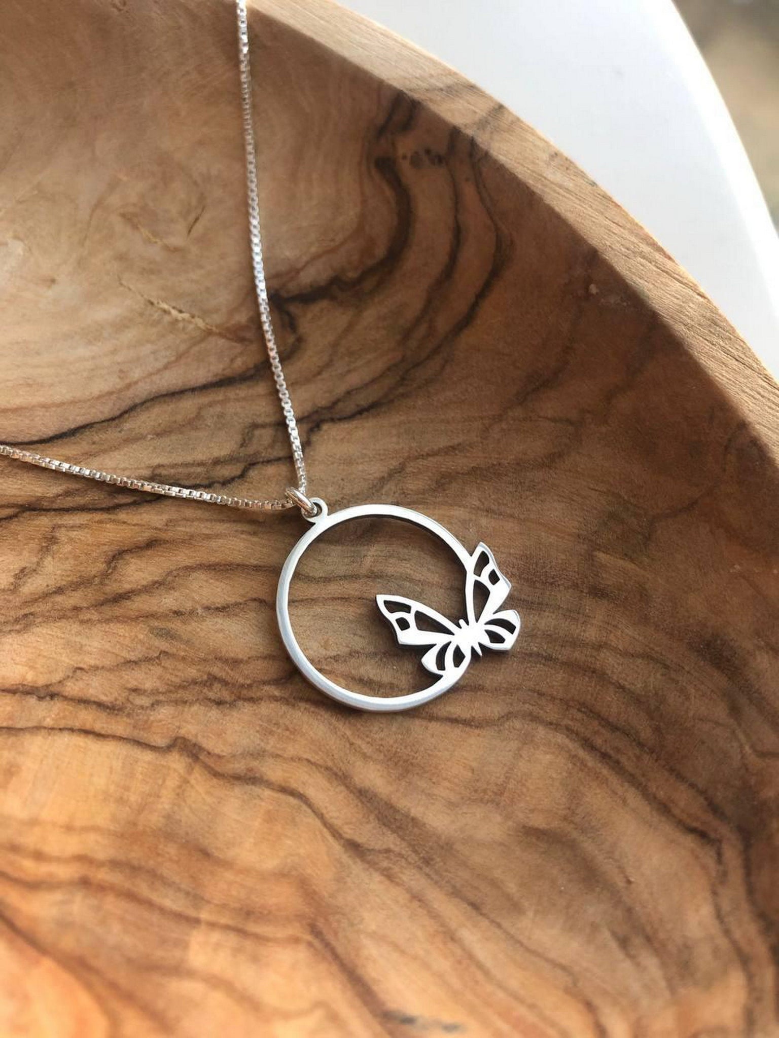 Silver necklace,Circle butterfly pendant with chain in sterling silver