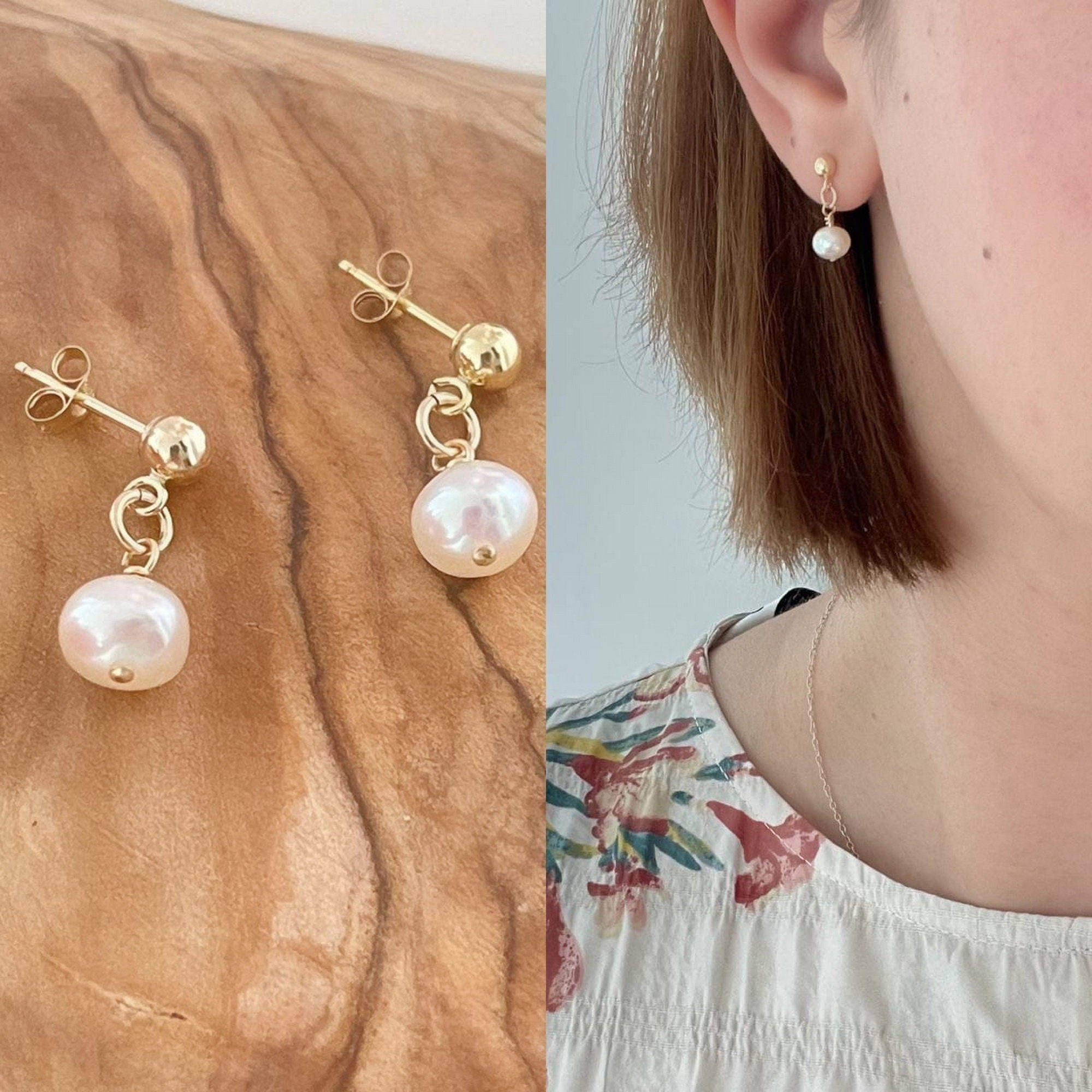 14k Gold_Filled Tarnish Resistant Dangle Pearl Earrings, Gold Earring, Dainty Gold Dangle Crystal Earrings, Minimal Earrings