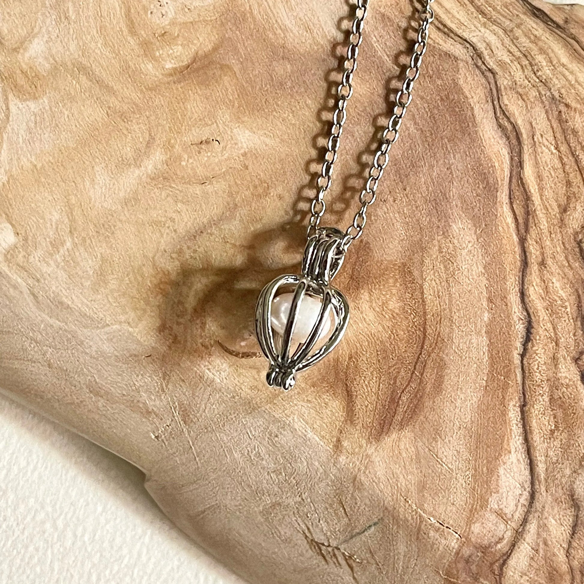 18K Gold Tarnish Resistant, Heart Pearl Cage Necklace In White Gold With Silver Chain, Great For Gifts, Dainty Necklace, Layering Necklace - Sara jewellery shop
