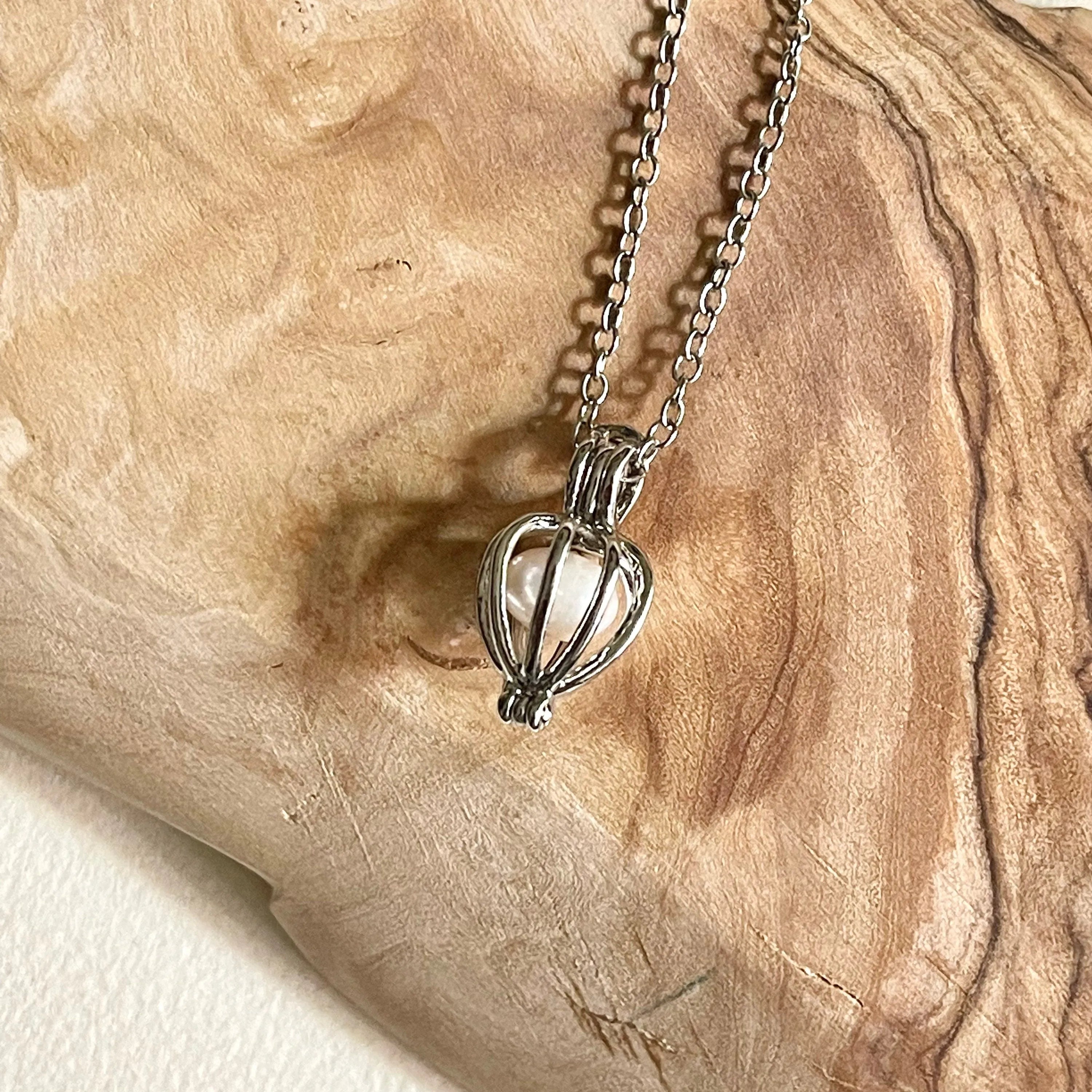 18K Gold Tarnish Resistant, Heart Pearl Cage Necklace In White Gold With Silver Chain, Great For Gifts, Dainty Necklace, Layering Necklace - Sara jewellery shop