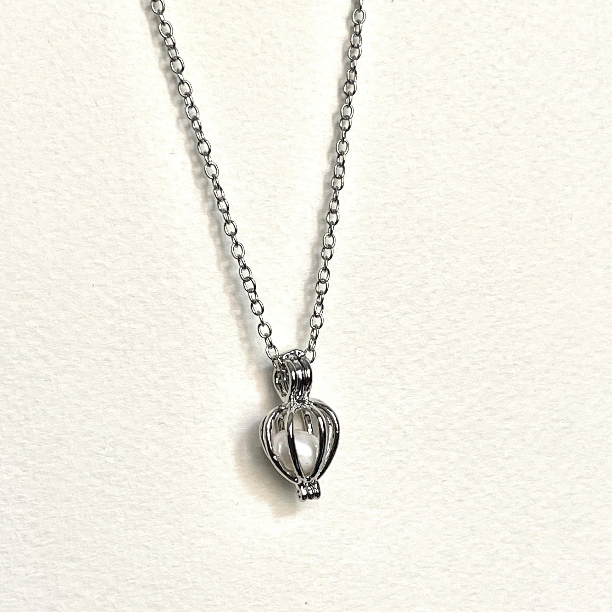 18K Gold Tarnish Resistant, Heart Pearl Cage Necklace In White Gold With Silver Chain, Great For Gifts, Dainty Necklace, Layering Necklace - Sara jewellery shop