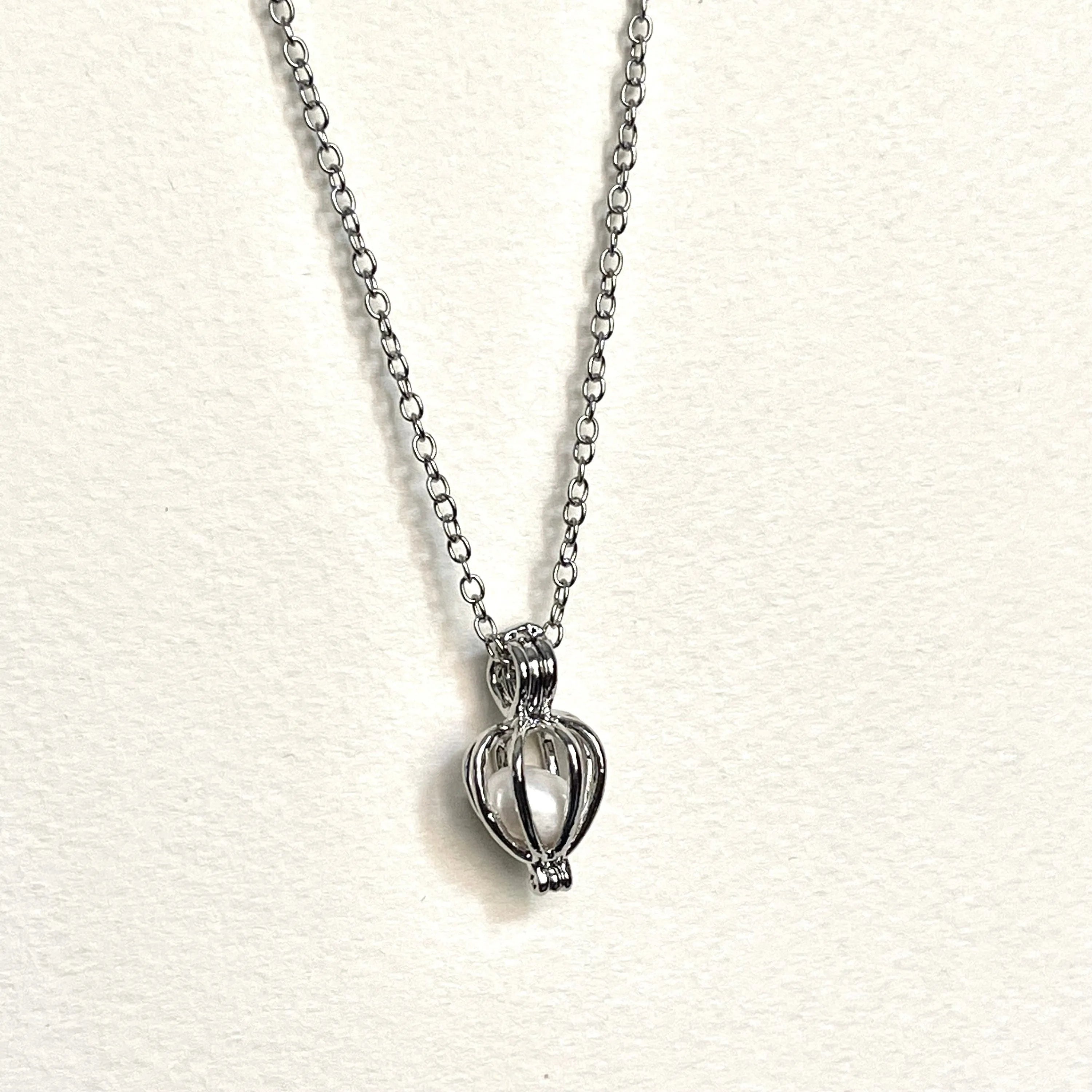 18K Gold Tarnish Resistant, Heart Pearl Cage Necklace In White Gold With Silver Chain, Great For Gifts, Dainty Necklace, Layering Necklace - Sara jewellery shop
